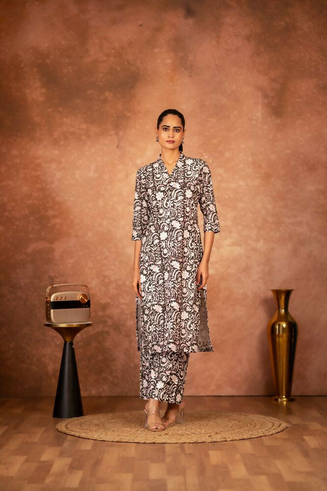 Joban Fashion Black Floral Hand Block Printed Cotton Kurta Pant Set