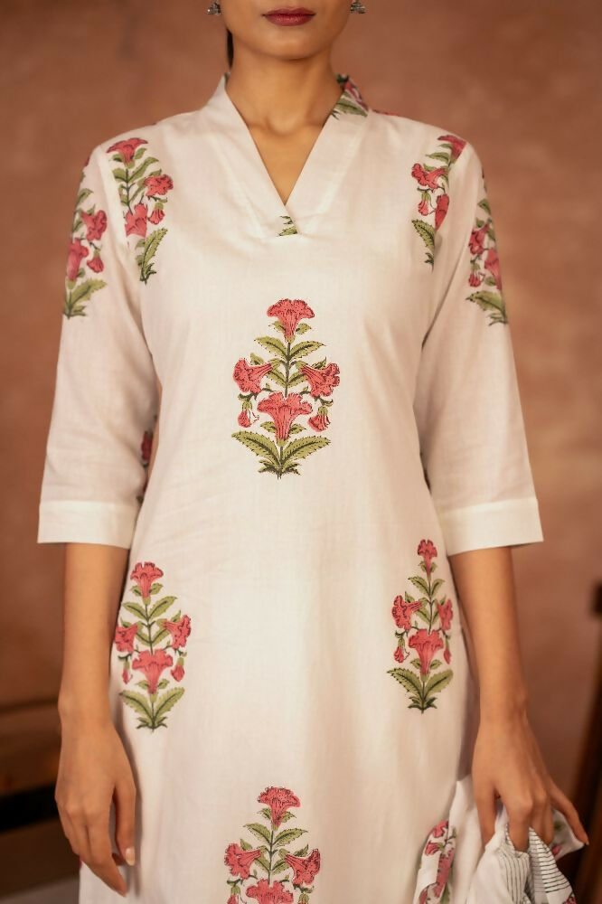 Joban Fashion Off White Pink Hand Block Printed Cotton Suit Set