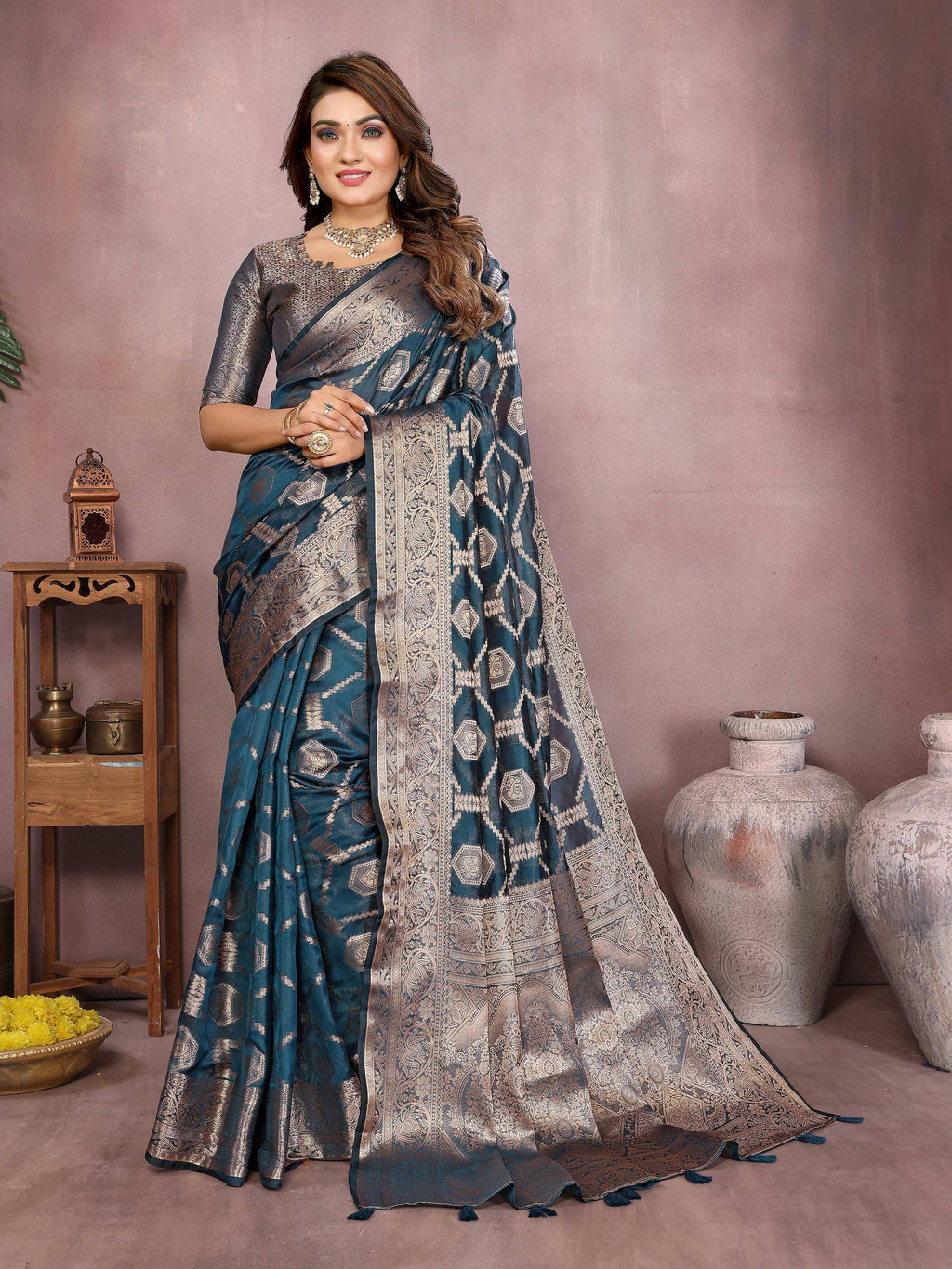 Aastha Fashion Teal Soft Organza Silk Weaving Saree