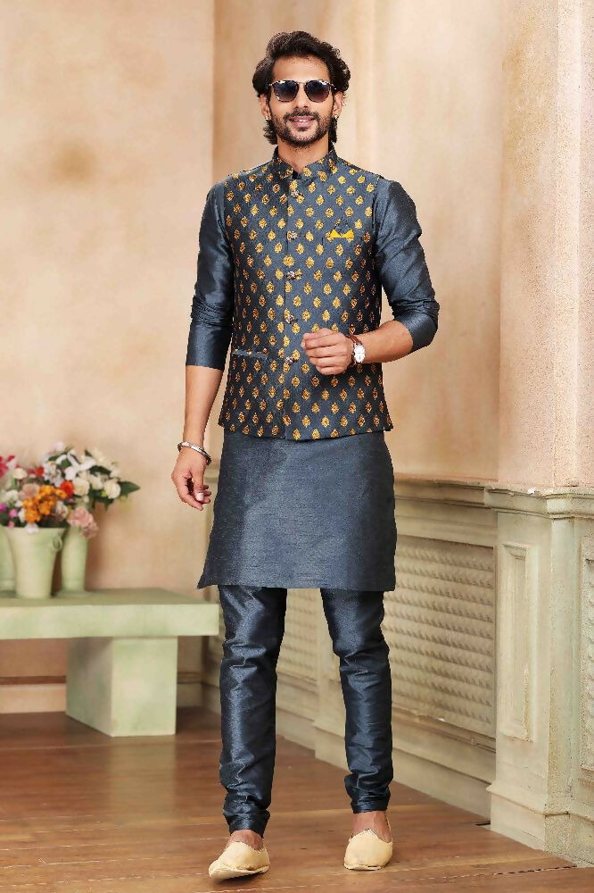 Raivat Ethnic Jacquard Banarasi Silk Woven Work 3 Pics Jacket Set In Dark Grey Colour