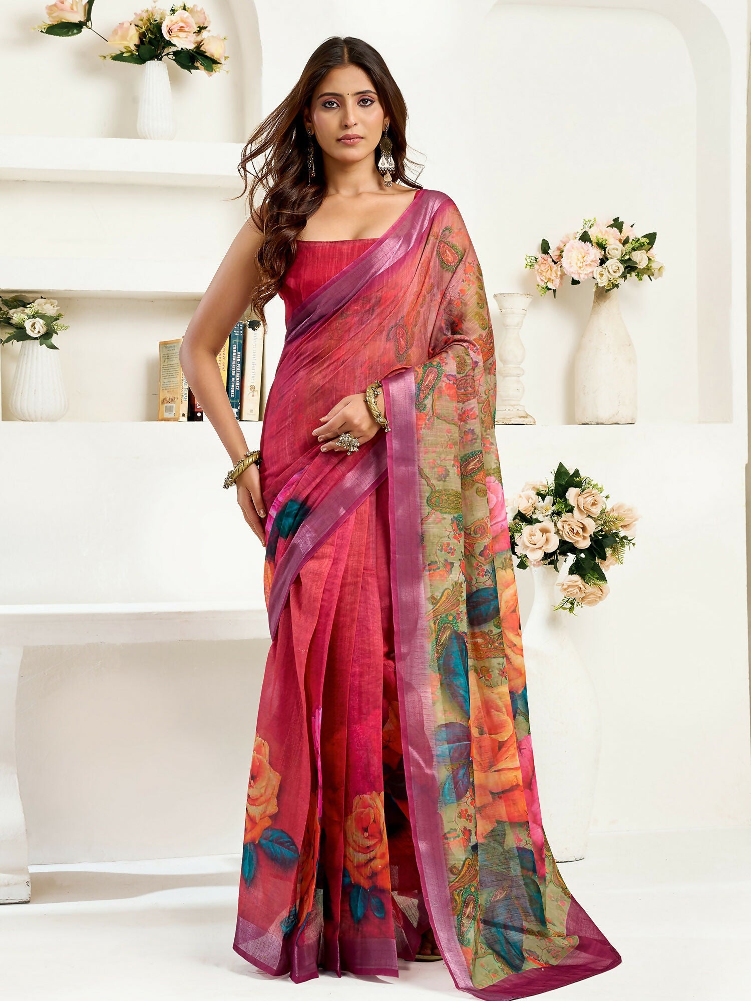 Joban Fashion  Onion Pink Floral Linen Ready To Wear Saree With Unstitched Blouse