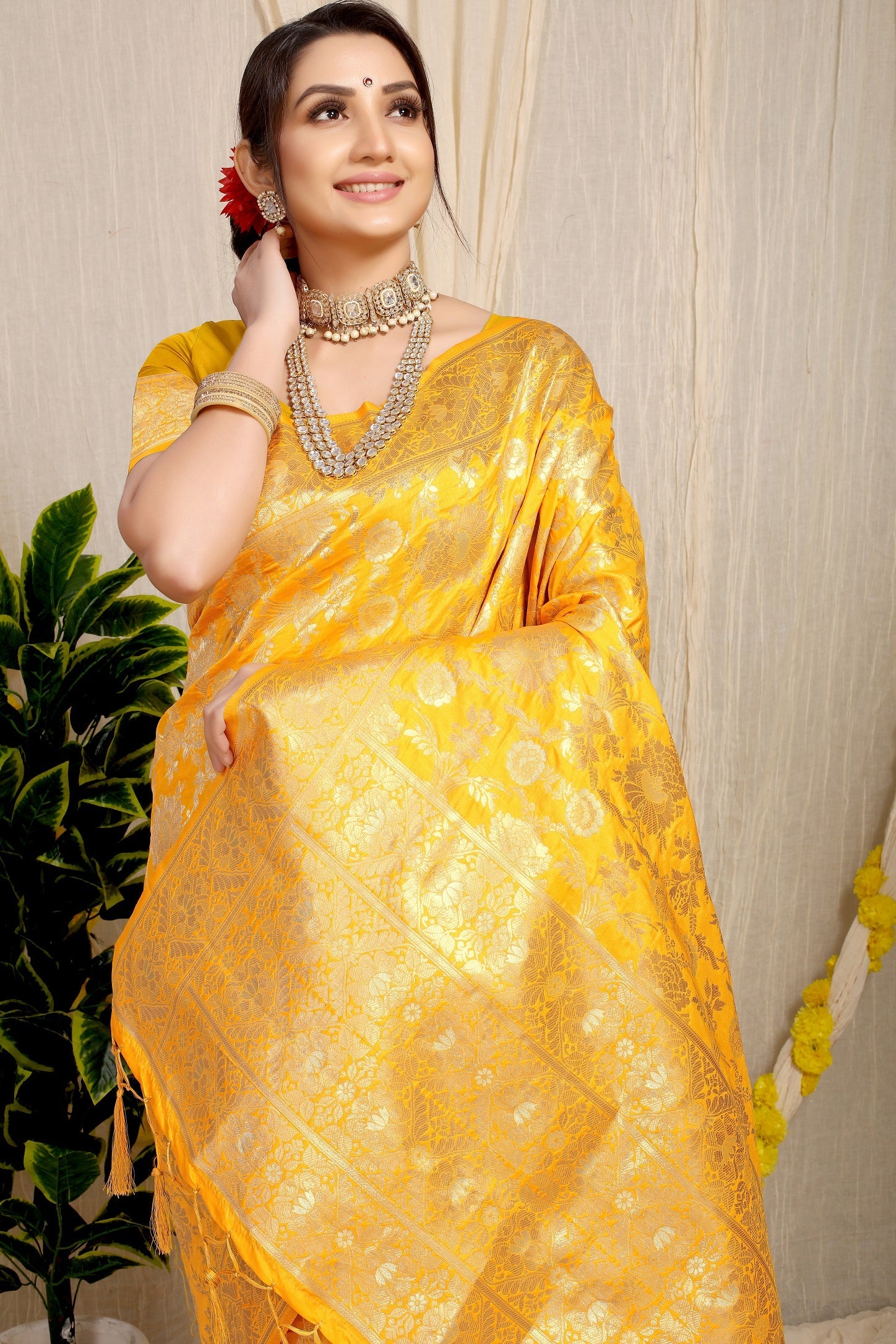 Anaita Yellow Woven Design Pure Silk Banarasi Saree With Blouse