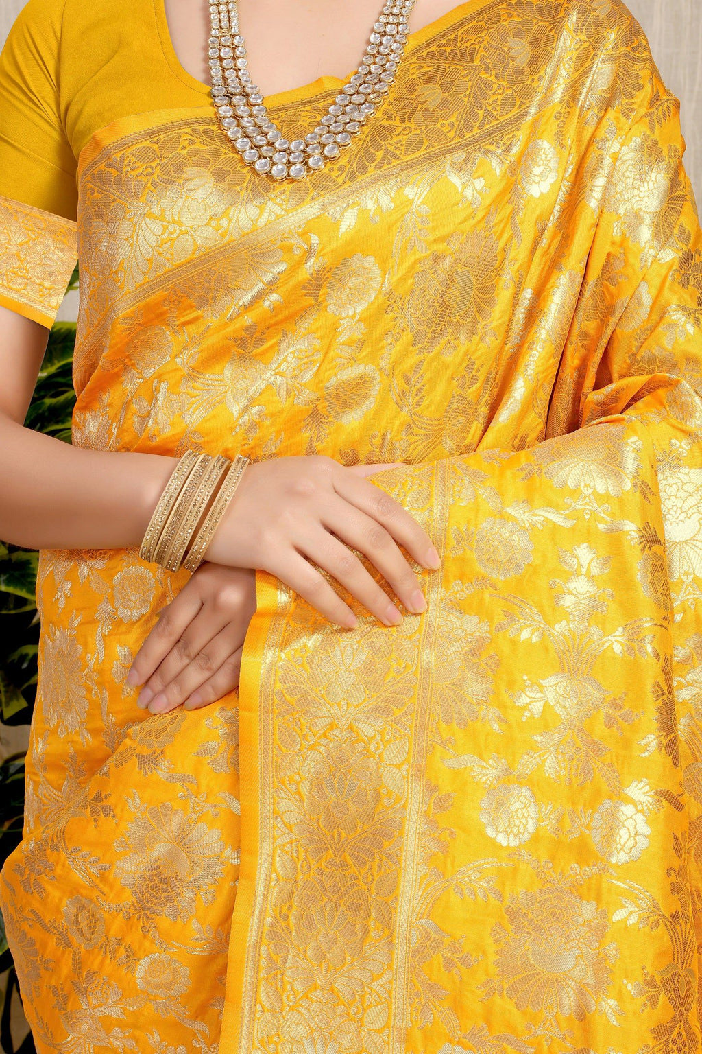 Anaita Yellow Woven Design Pure Silk Banarasi Saree With Blouse