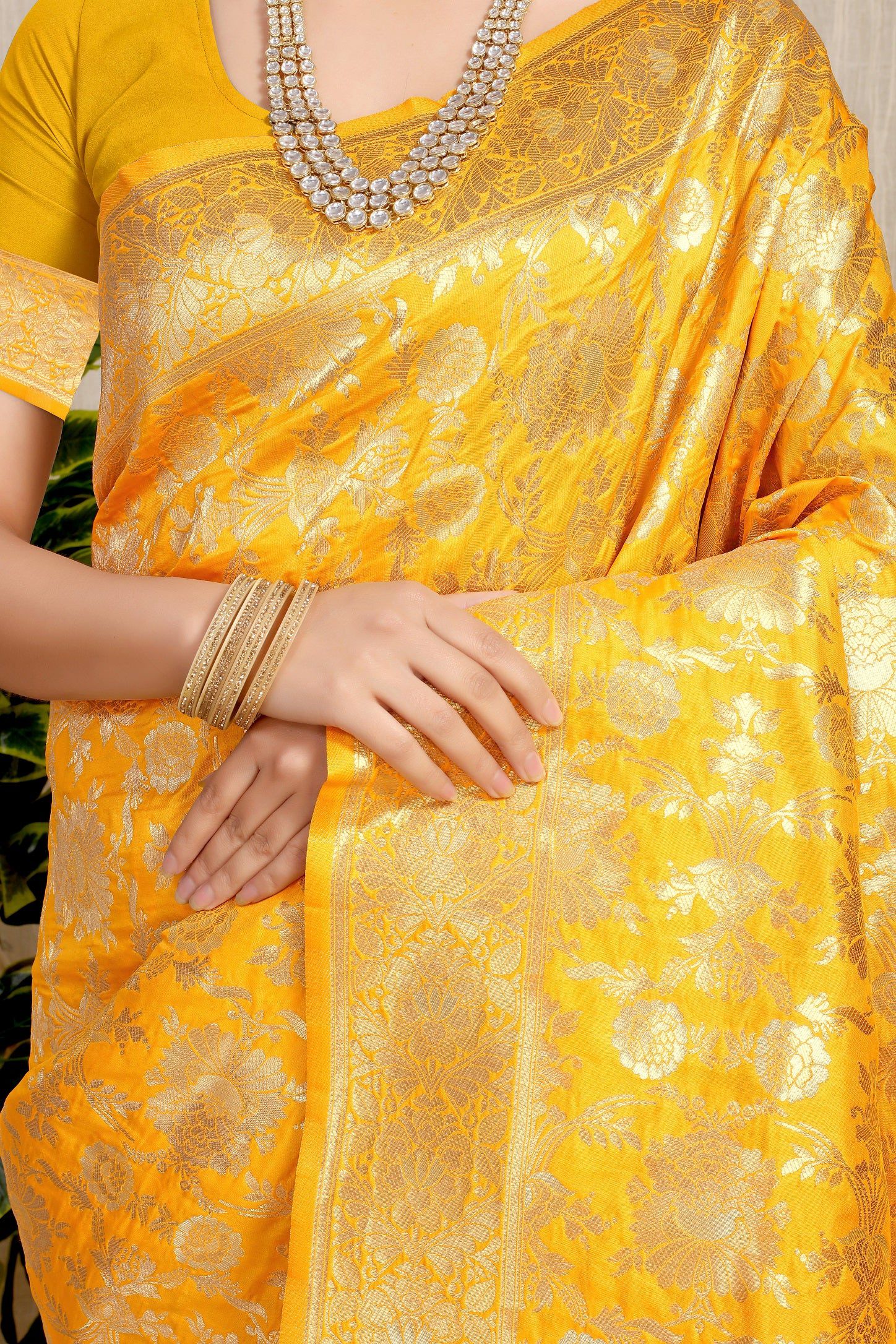 Anaita Yellow Woven Design Pure Silk Banarasi Saree With Blouse