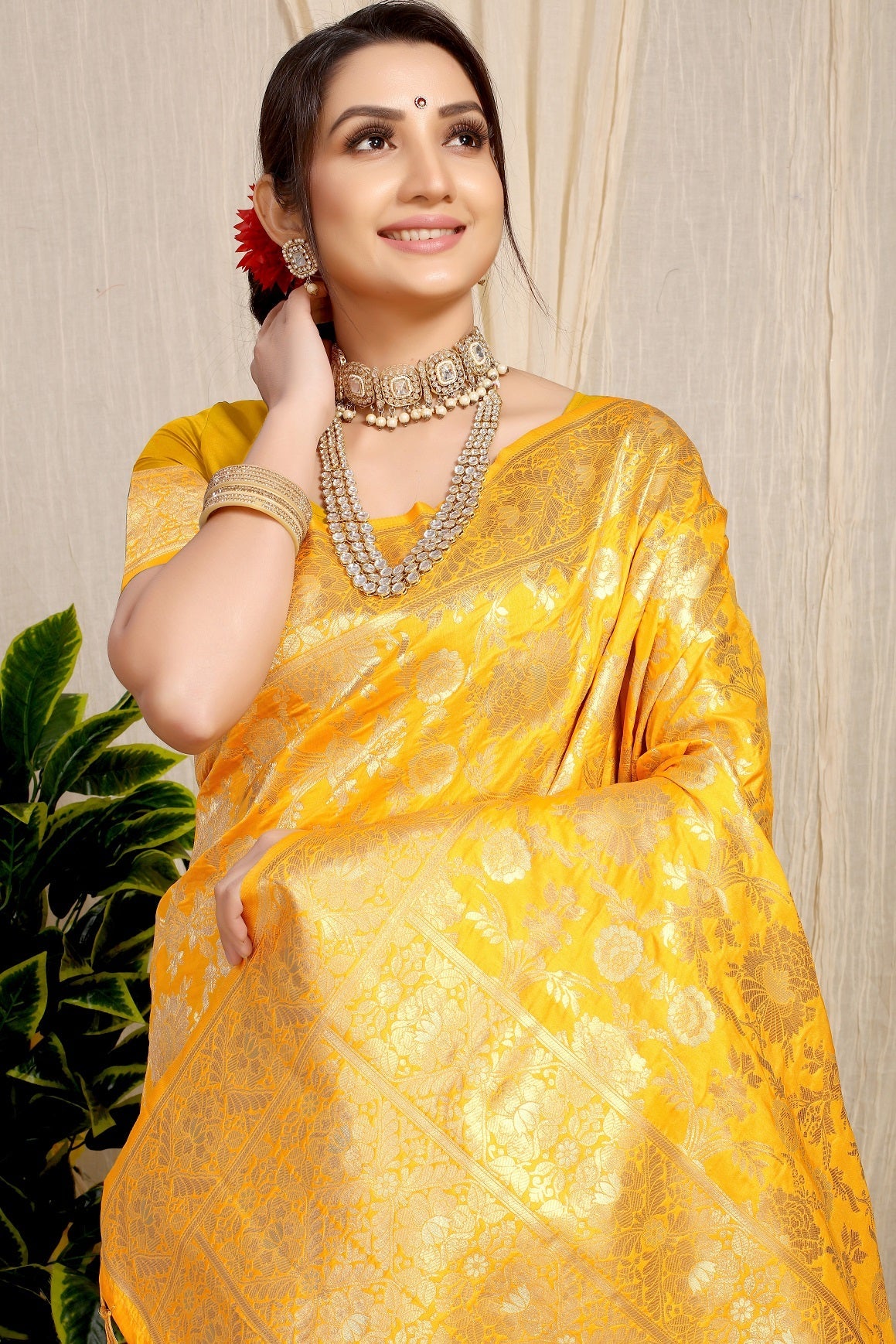 Anaita Yellow Woven Design Pure Silk Banarasi Saree With Blouse