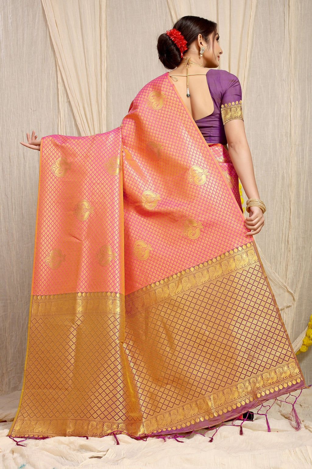 Anaita Peach Woven Design Pure Silk Banarasi Saree With Blouse