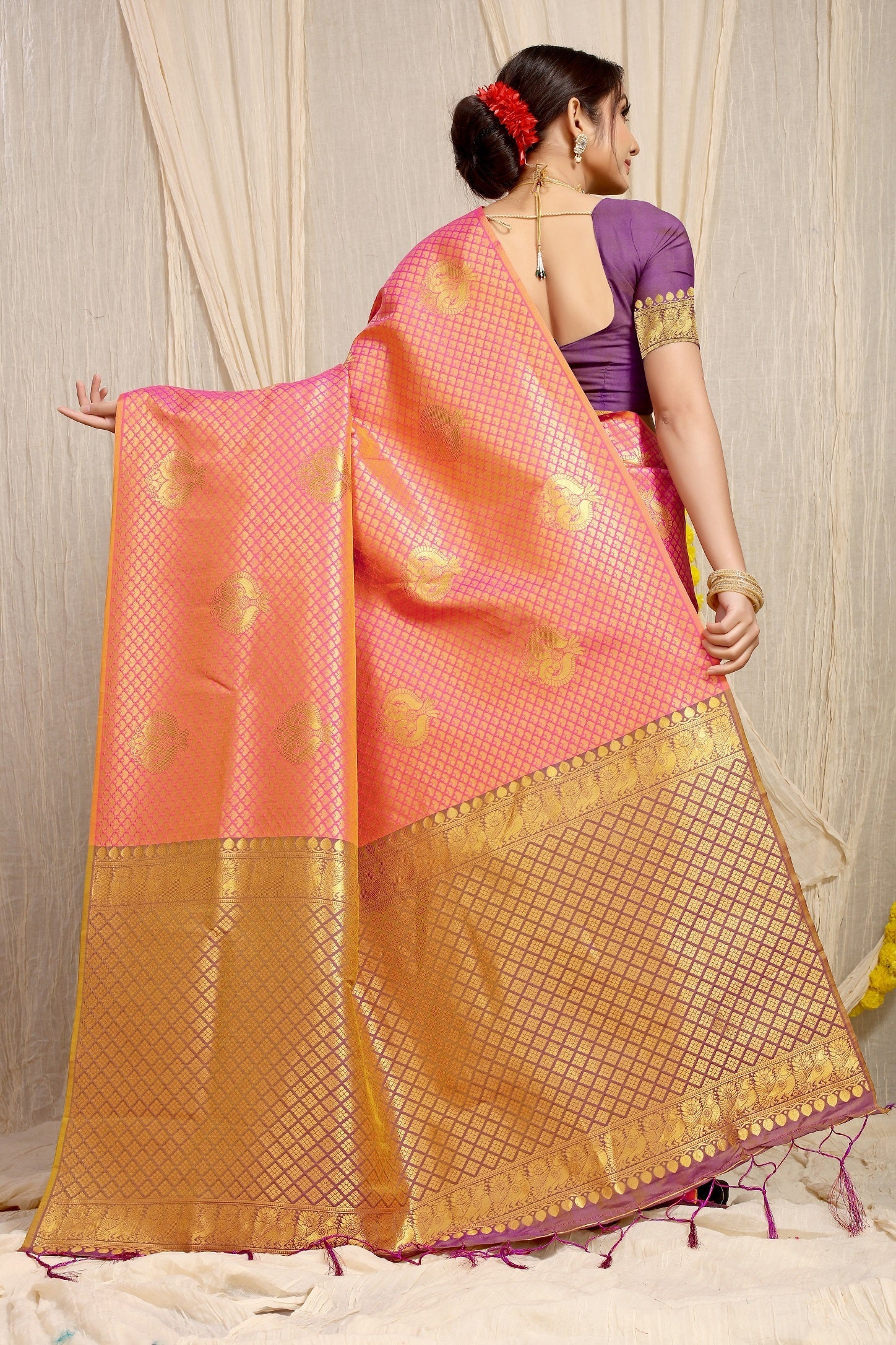 Anaita Peach Woven Design Pure Silk Banarasi Saree With Blouse