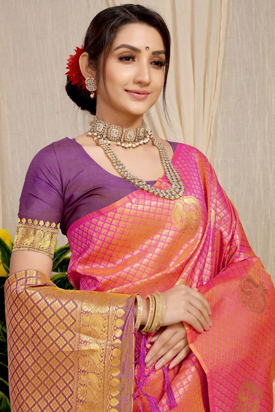 Anaita Peach Woven Design Pure Silk Banarasi Saree With Blouse