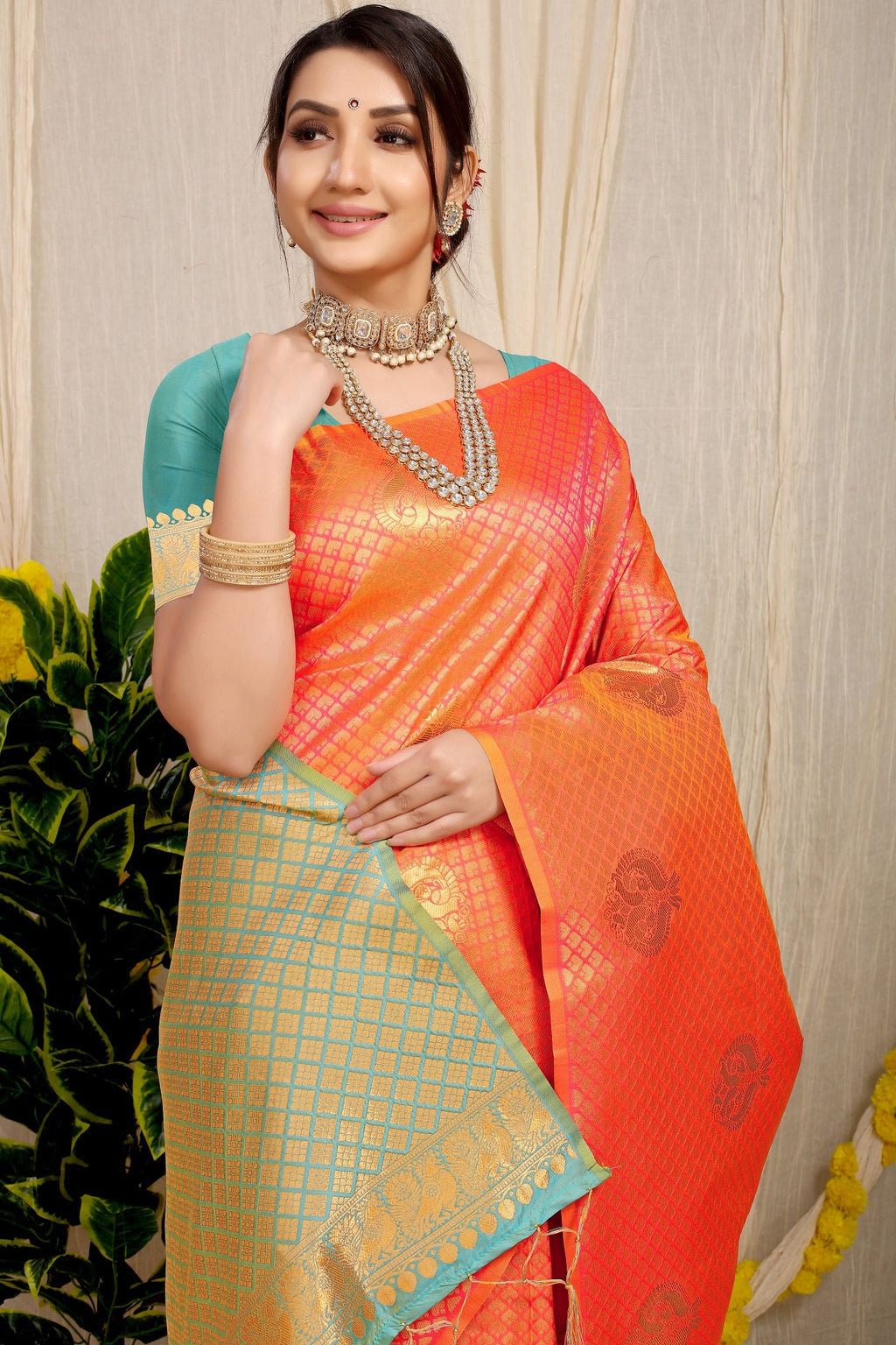 Anaita Orange Woven Design Pure Silk Banarasi Saree With Blouse