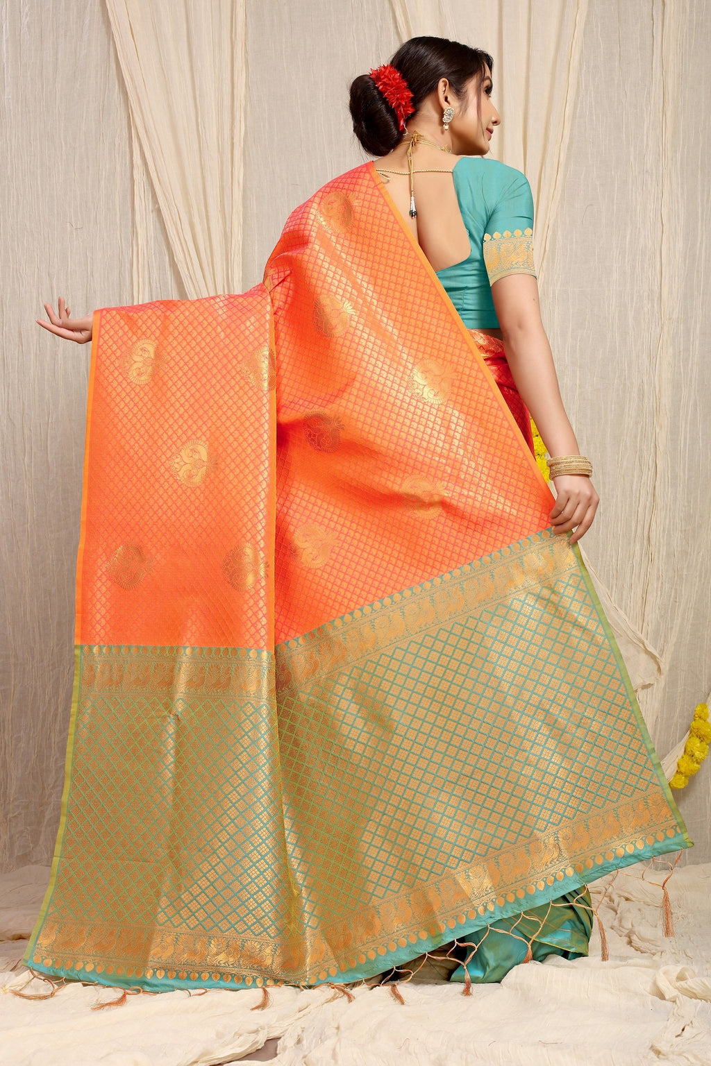 Anaita Orange Woven Design Pure Silk Banarasi Saree With Blouse