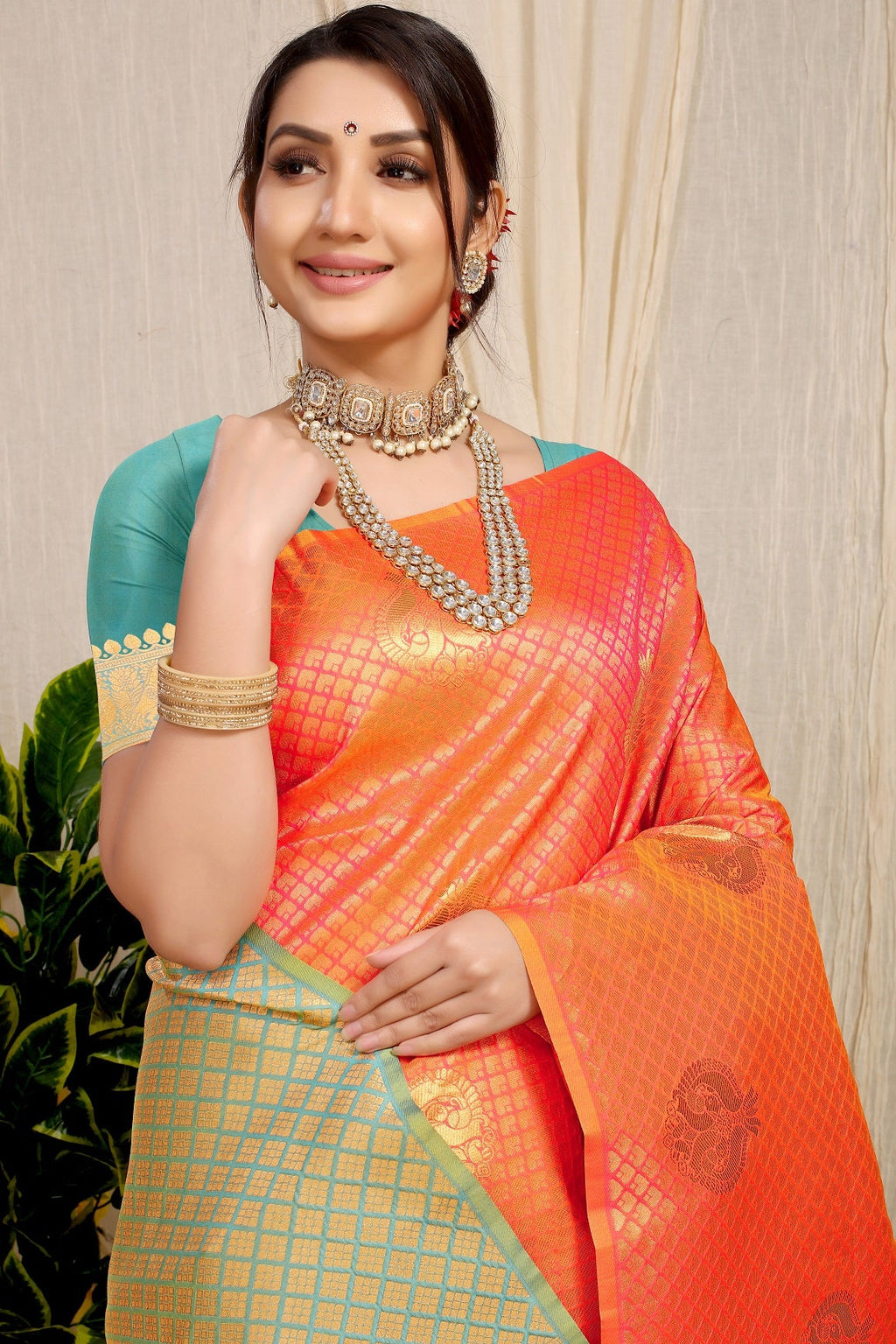 Anaita Orange Woven Design Pure Silk Banarasi Saree With Blouse