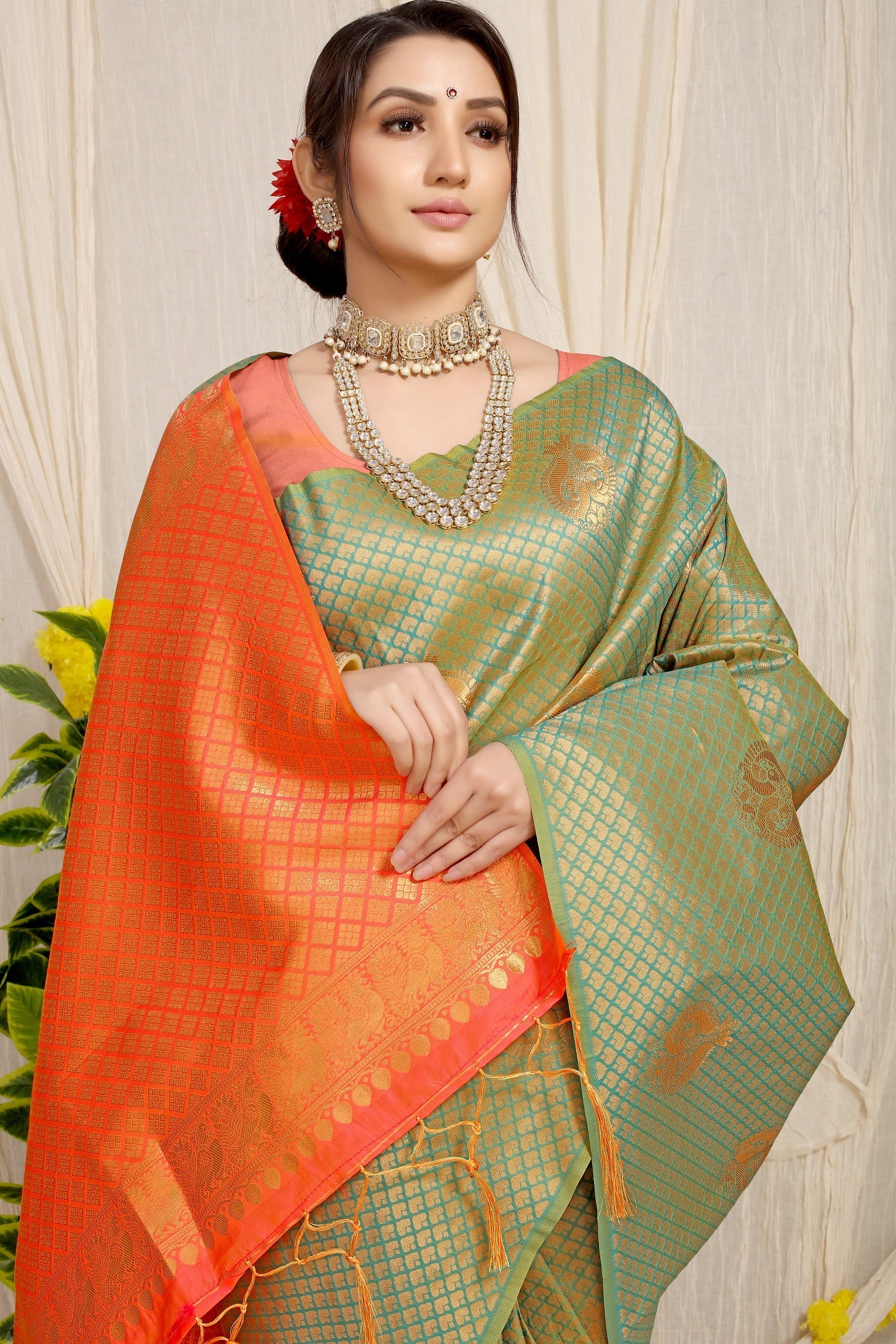Anaita Green Woven Design Pure Silk Banarasi Saree With Blouse