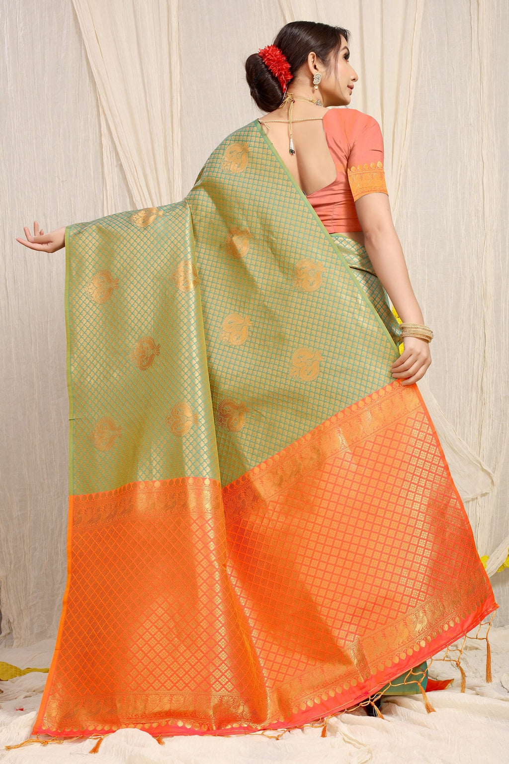 Anaita Green Woven Design Pure Silk Banarasi Saree With Blouse