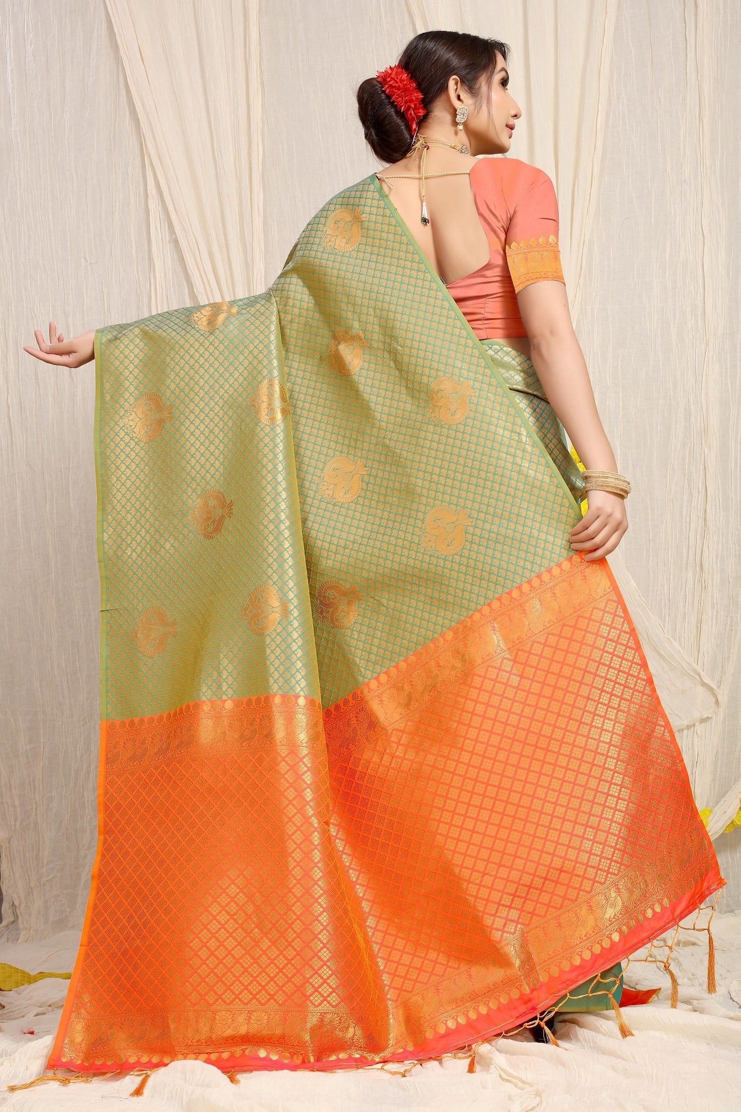 Anaita Green Woven Design Pure Silk Banarasi Saree With Blouse