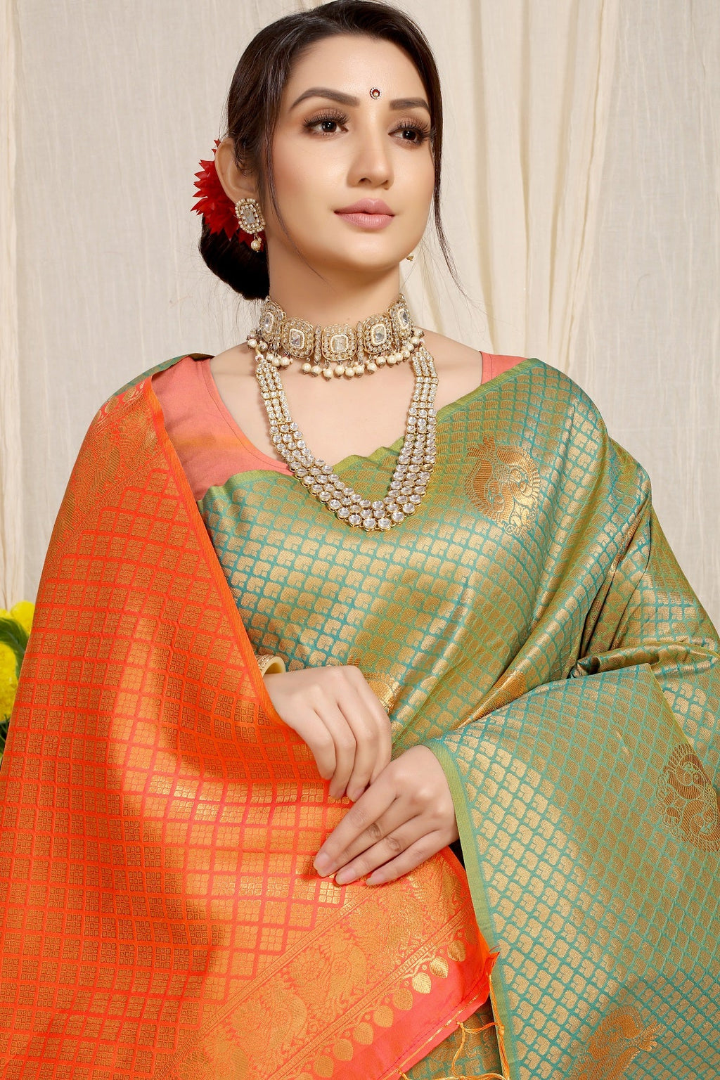 Anaita Green Woven Design Pure Silk Banarasi Saree With Blouse
