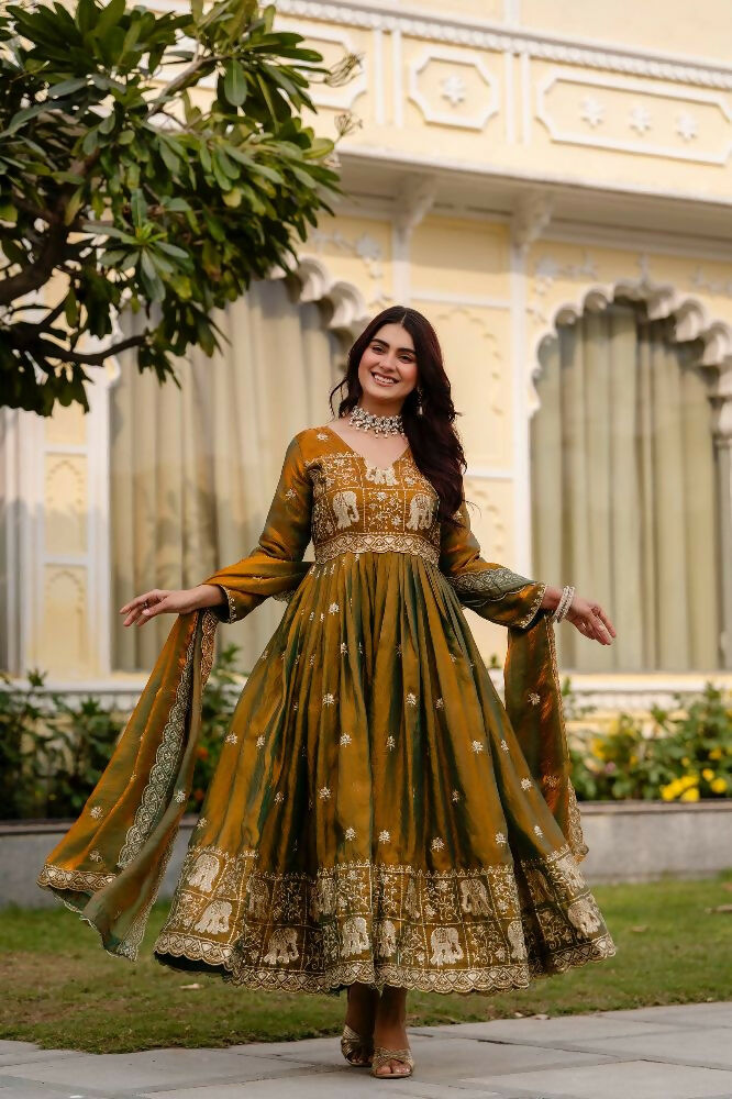 Teeya Creation Mehendi Primium Fendy Satin Silk Embroidery Work Wedding Wear Gown