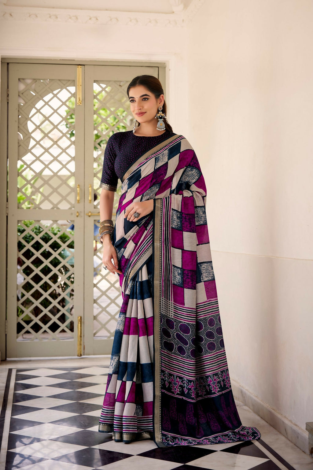 Vastranavya Navy Blue Viscose Chanderi Printed with Temple Border Saree & Unstitched Blouse