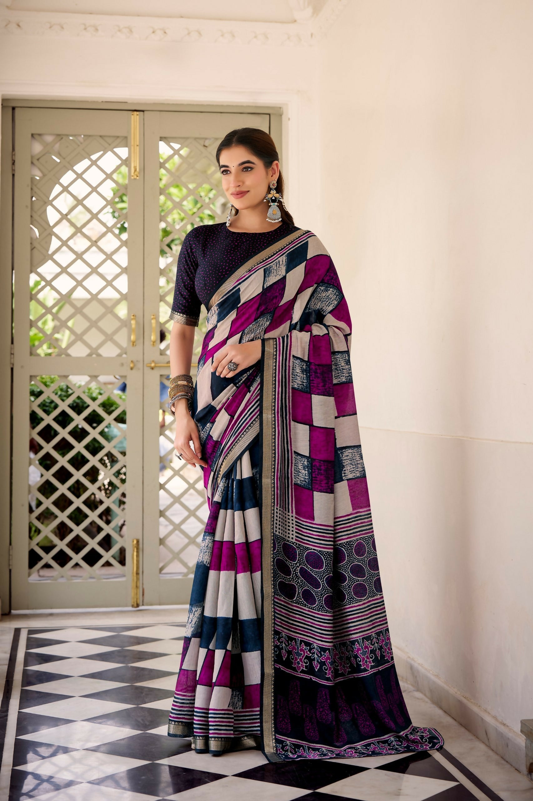 Vastranavya Navy Blue Viscose Chanderi Printed with Temple Border Saree & Unstitched Blouse