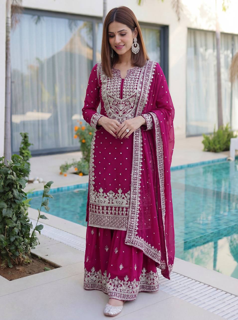 Lehenga Mart Designer Sharara Suit With Kurta Sharara Dupatta For Women-Pink