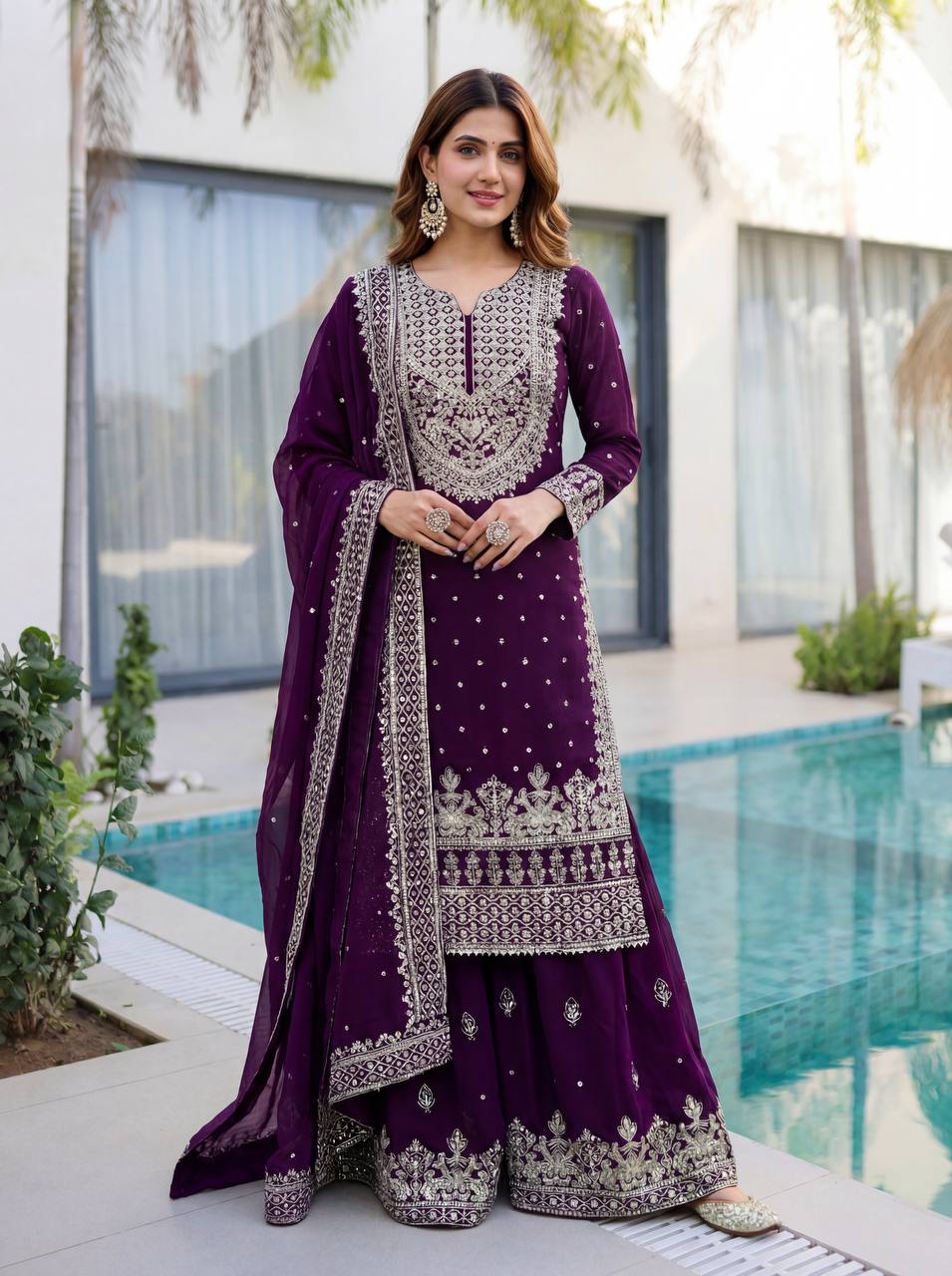 Lehenga Mart Designer Sharara Suit With Kurta Sharara Dupatta For Women-Purple