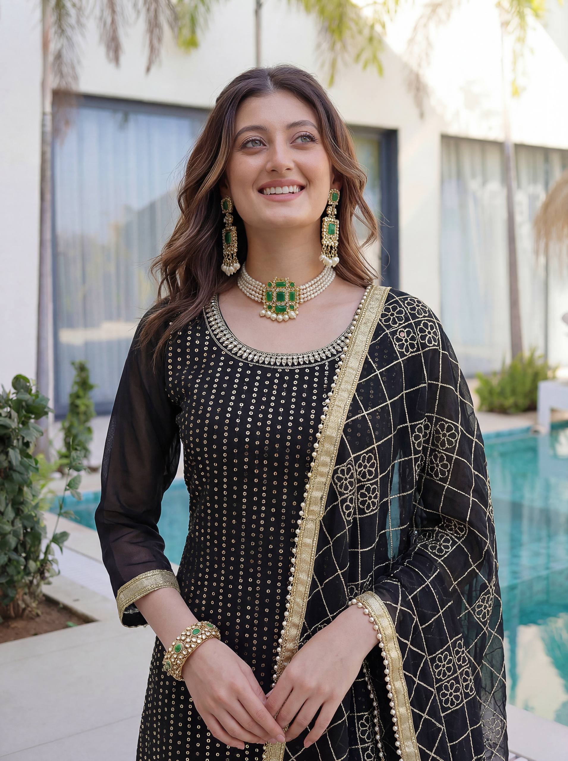 Lehenga Mart Designer Sharara Suit With Kurta Sharara Dupatta For Women-Black