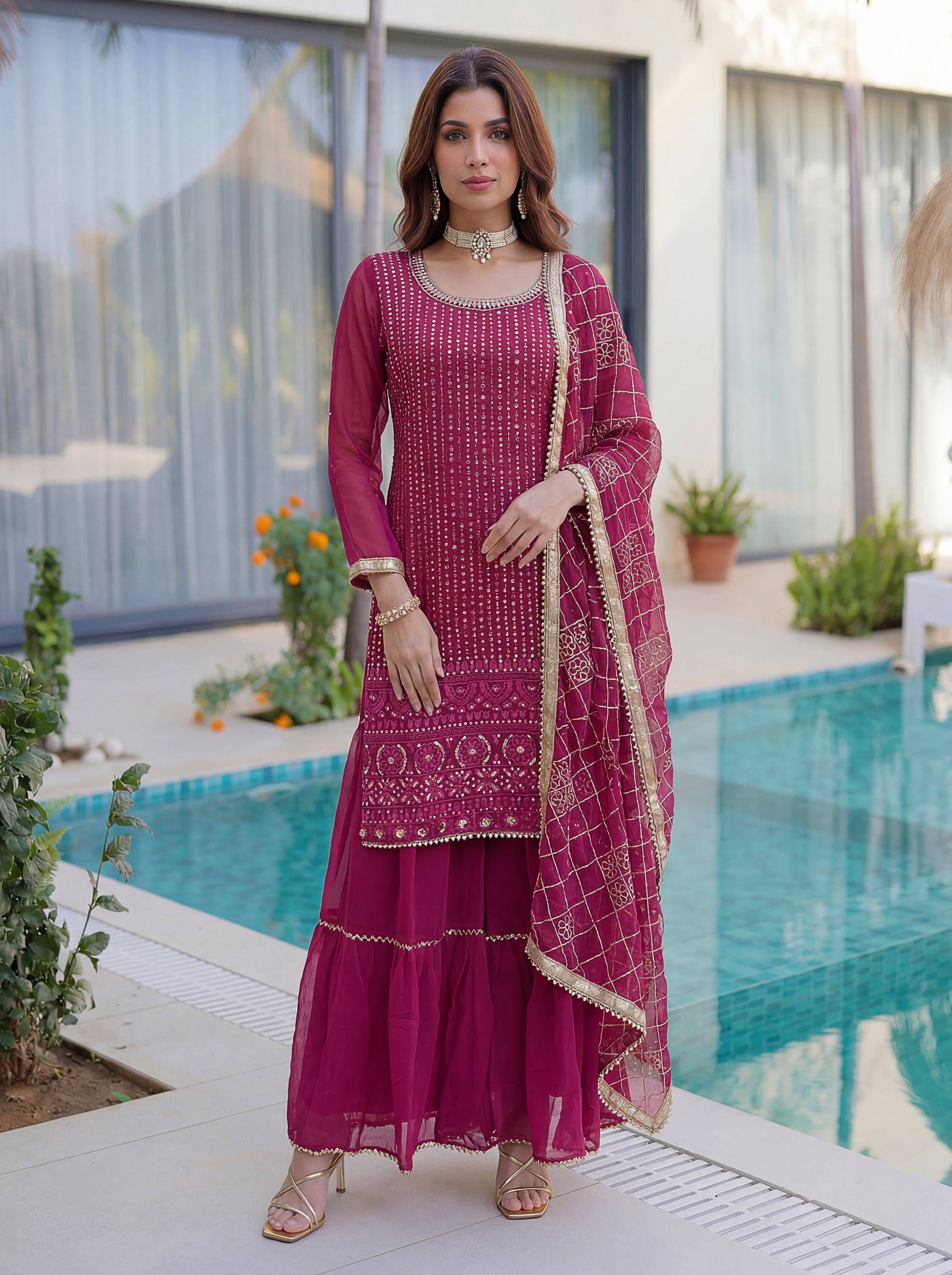 Lehenga Mart Designer Sharara Suit With Kurta Sharara Dupatta For Women-Pink
