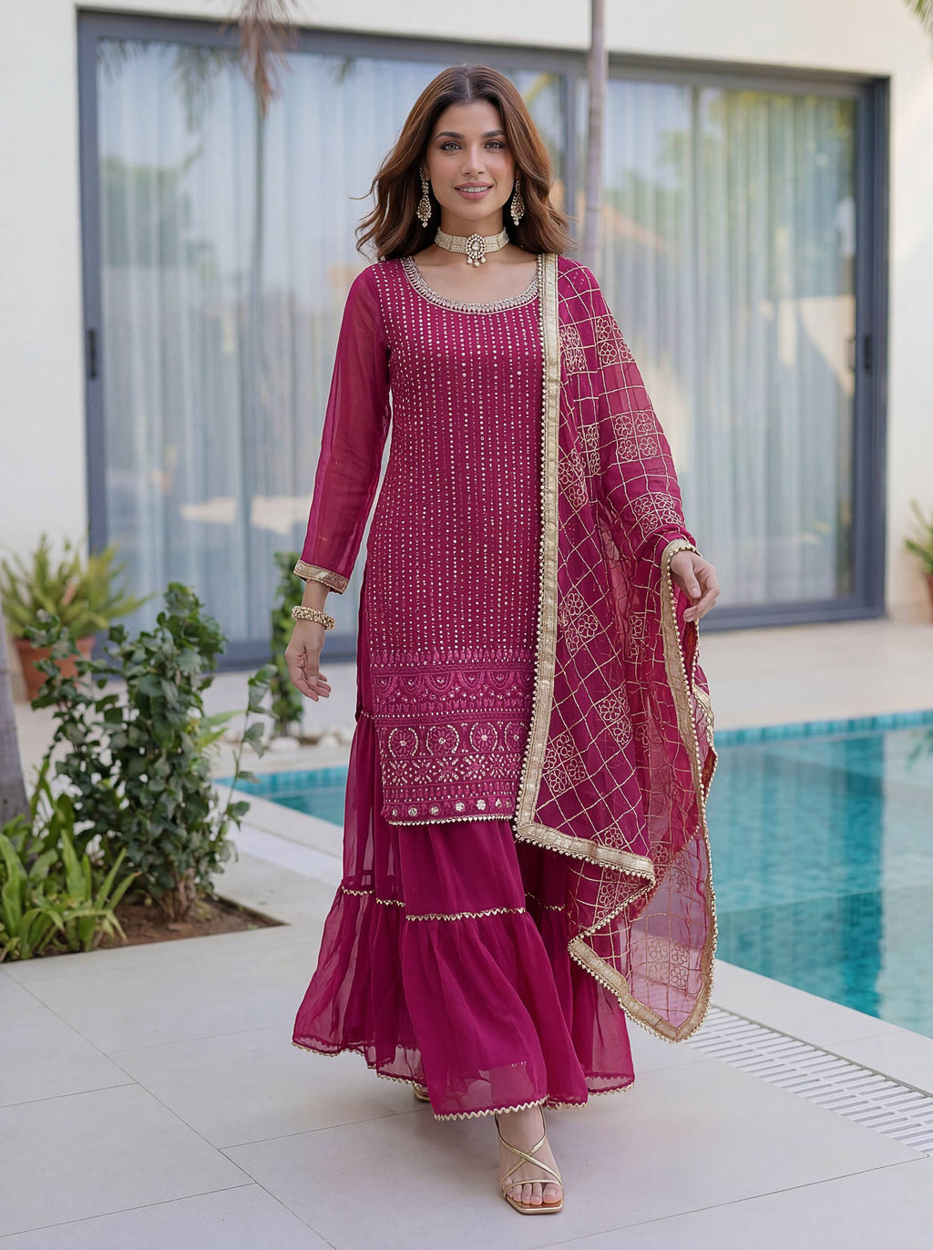 Lehenga Mart Designer Sharara Suit With Kurta Sharara Dupatta For Women-Pink