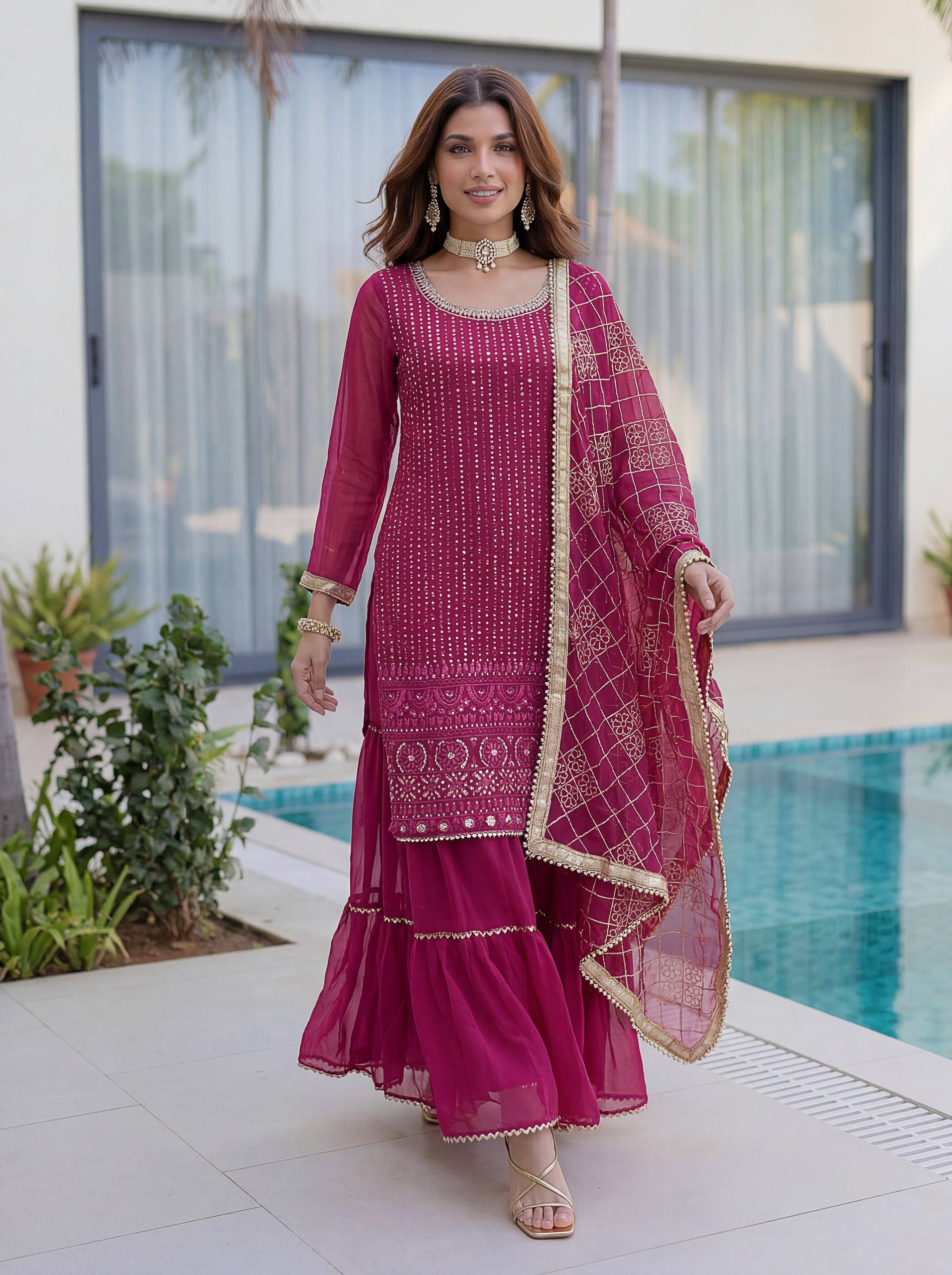 Lehenga Mart Designer Sharara Suit With Kurta Sharara Dupatta For Women-Pink