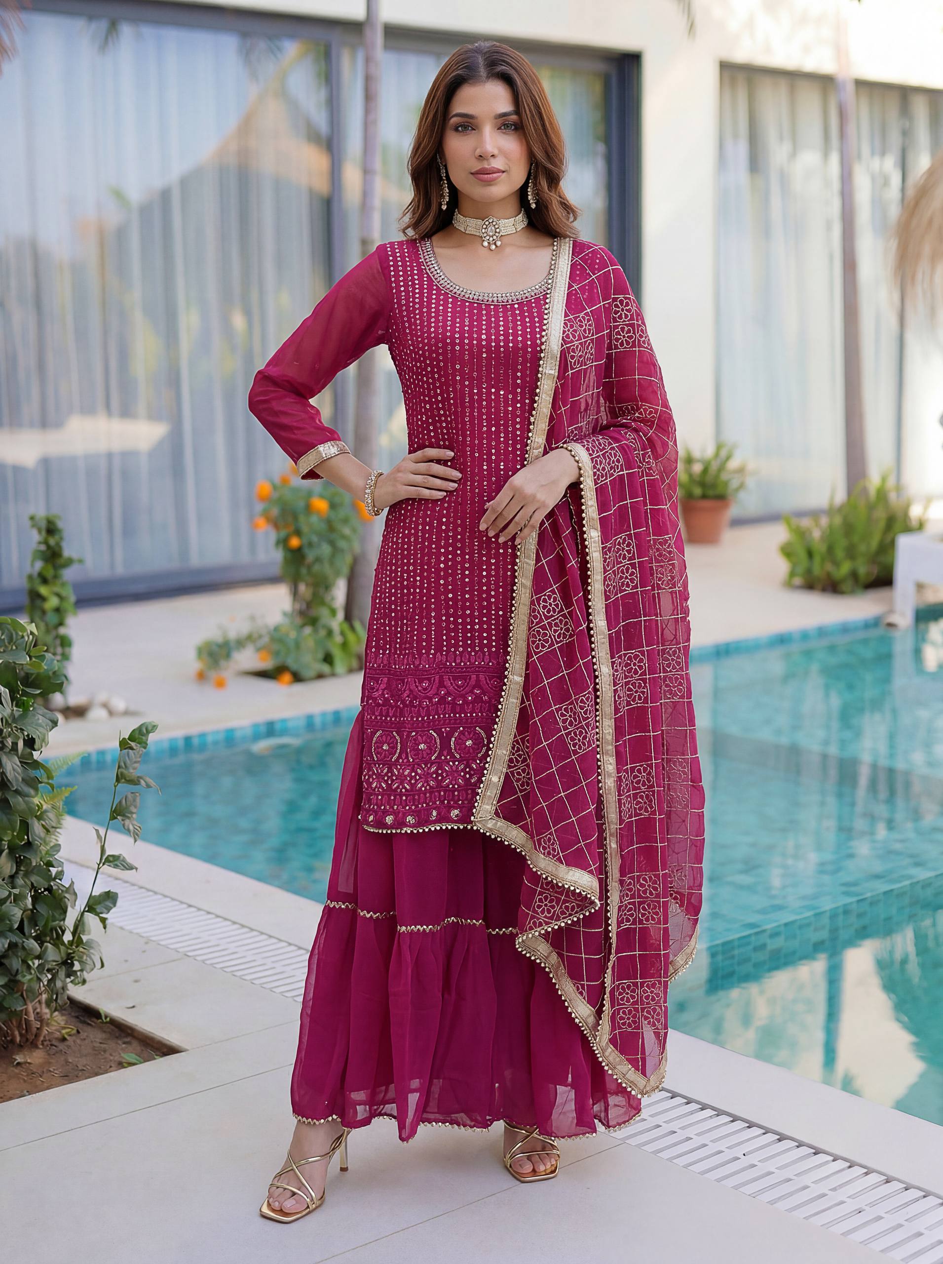 Lehenga Mart Designer Sharara Suit With Kurta Sharara Dupatta For Women-Pink