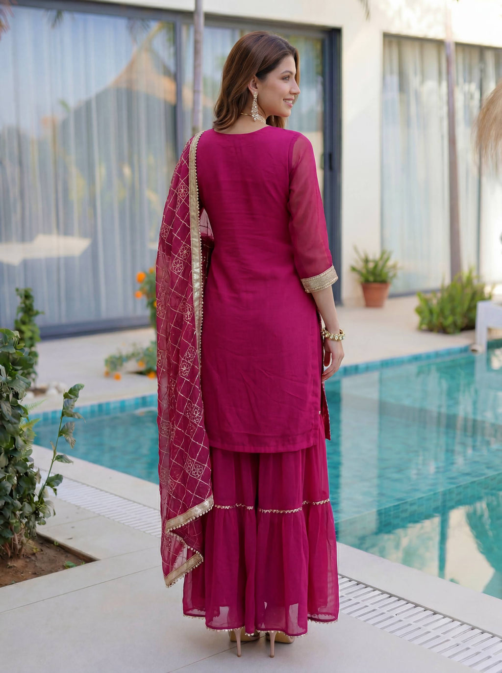 Lehenga Mart Designer Sharara Suit With Kurta Sharara Dupatta For Women-Pink