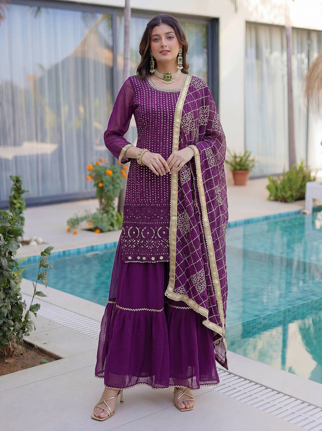 Lehenga Mart Designer Sharara Suit With Kurta Sharara Dupatta For Women-Purple