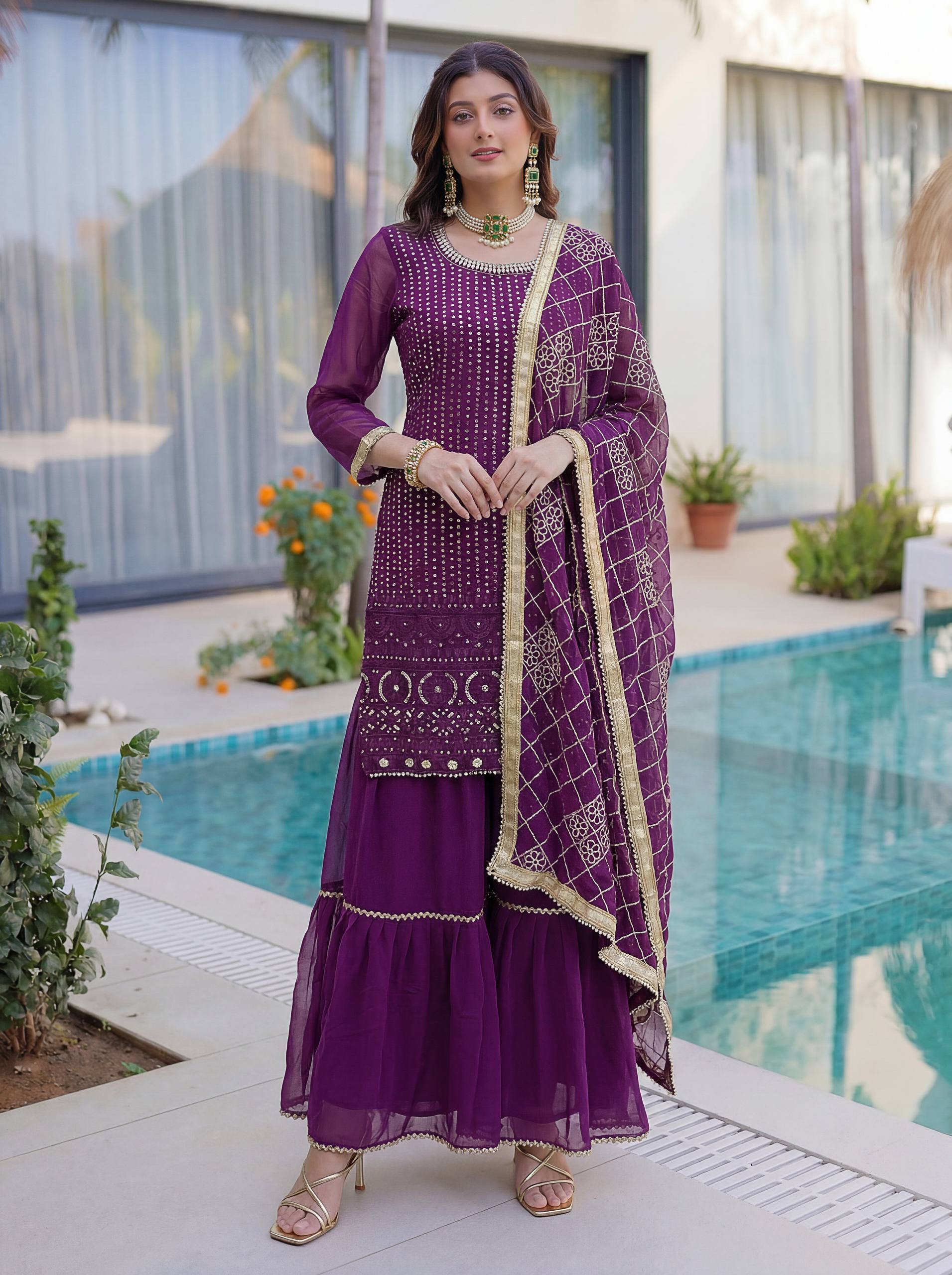 Lehenga Mart Designer Sharara Suit With Kurta Sharara Dupatta For Women-Purple