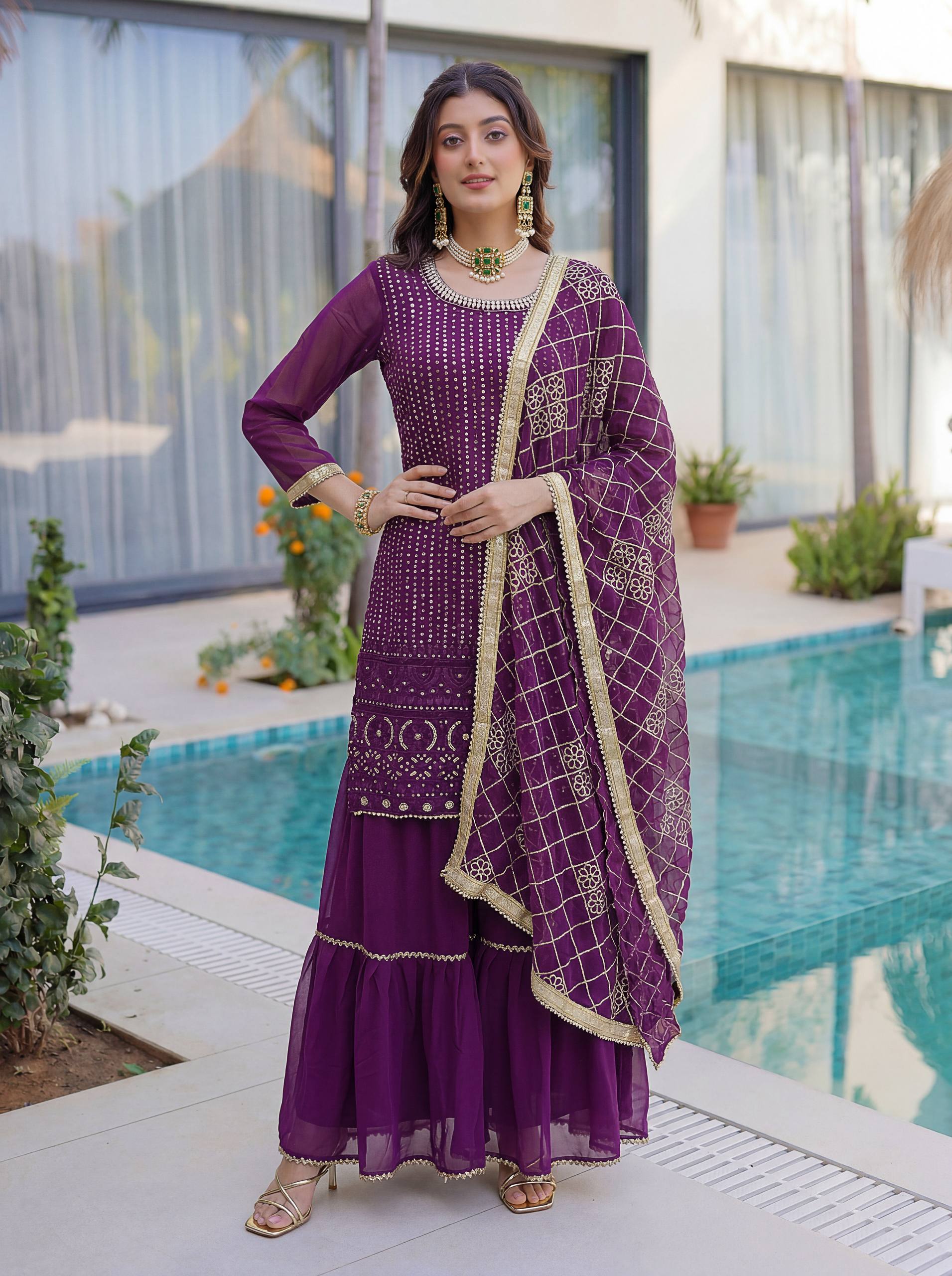 Lehenga Mart Designer Sharara Suit With Kurta Sharara Dupatta For Women-Purple