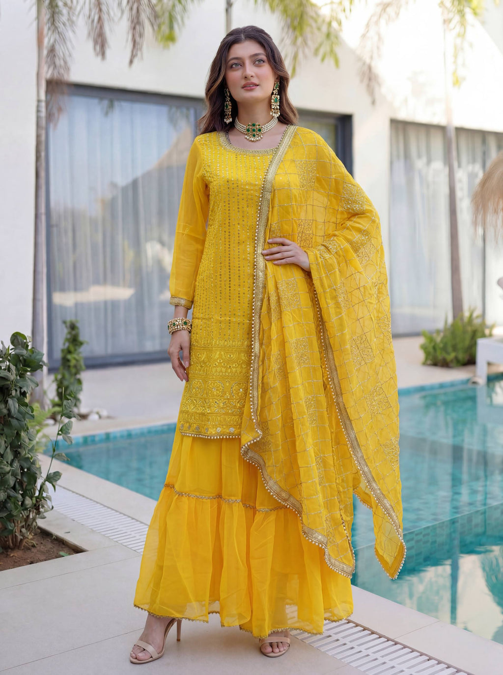 Lehenga Mart Designer Sharara Suit With Kurta Sharara Dupatta For Women-Yellow
