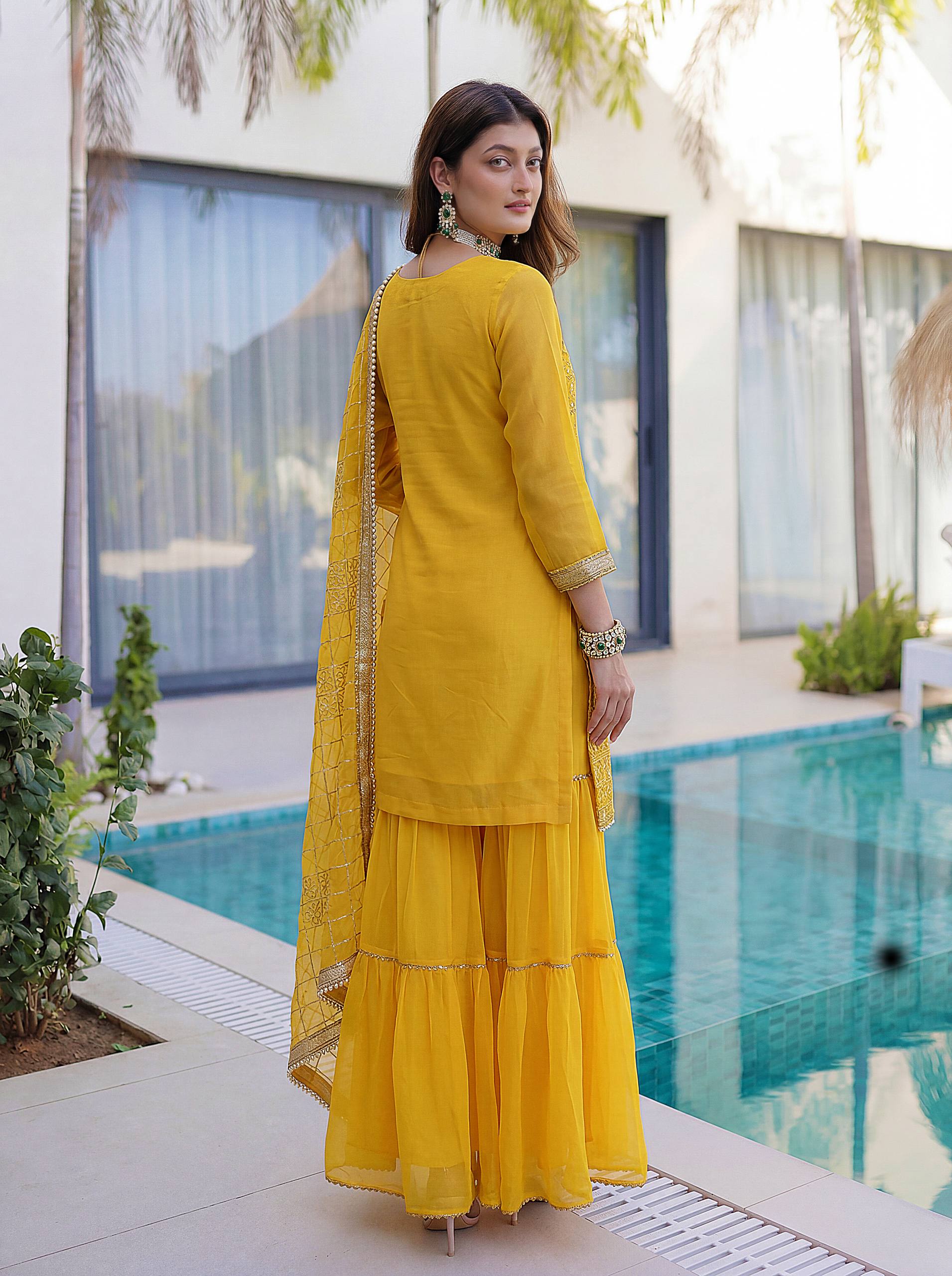 Lehenga Mart Designer Sharara Suit With Kurta Sharara Dupatta For Women-Yellow