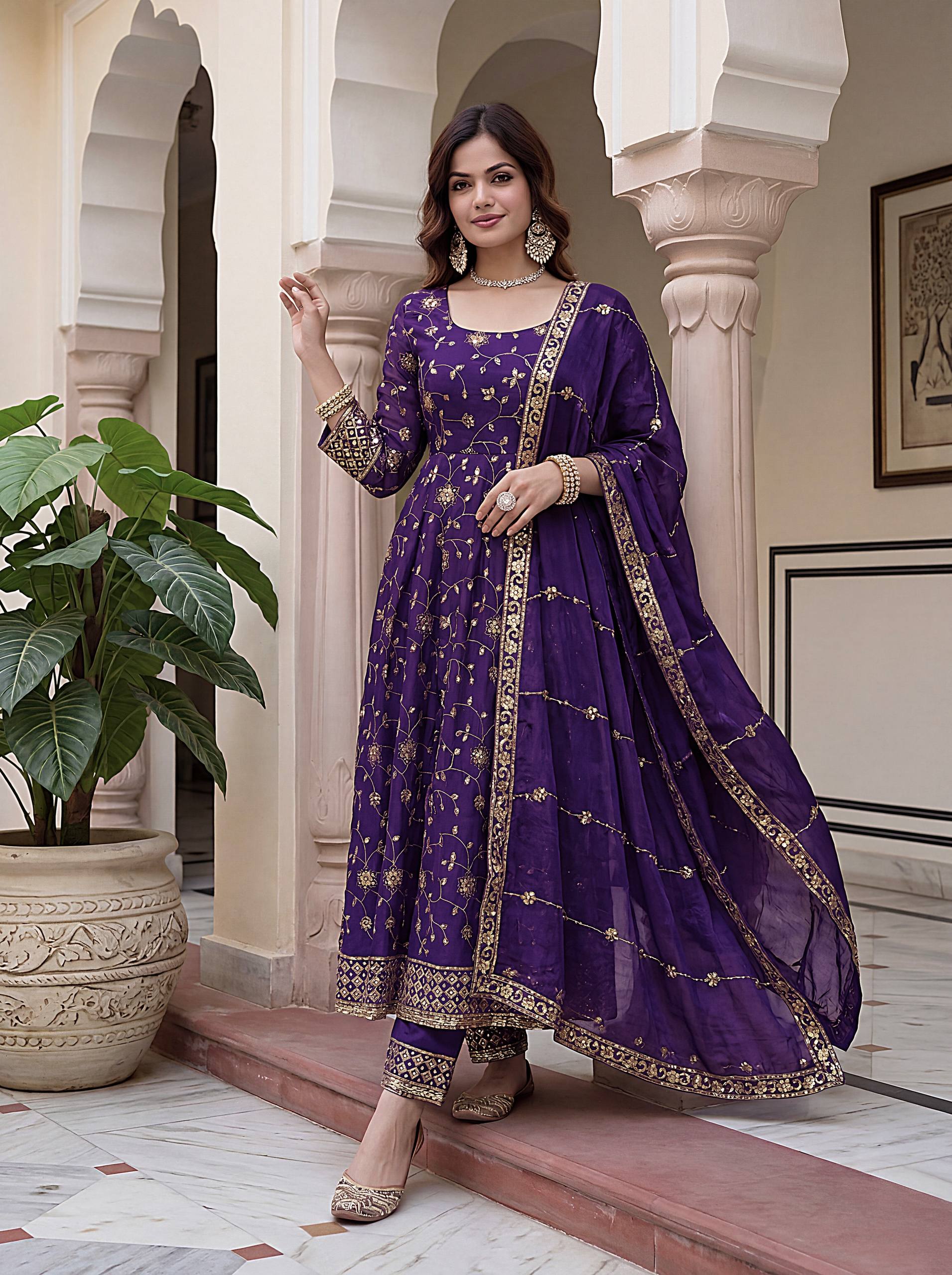 Lehenga Mart Designer Anarkali Suit With Kurta Pant Dupatta For Women-Purple