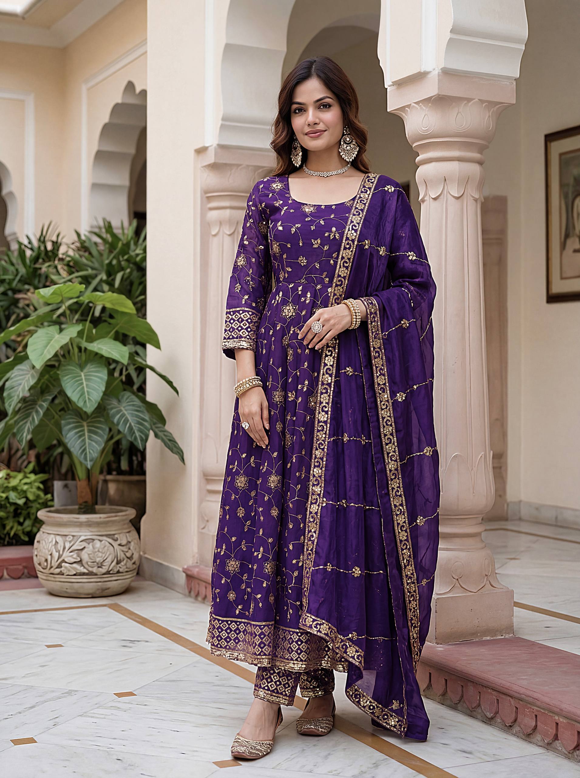 Lehenga Mart Designer Anarkali Suit With Kurta Pant Dupatta For Women-Purple