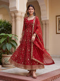 Lehenga Mart Designer Anarkali Suit With Kurta Pant Dupatta For Women-Red