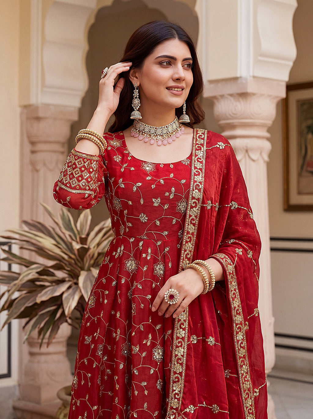 Lehenga Mart Designer Anarkali Suit With Kurta Pant Dupatta For Women-Red