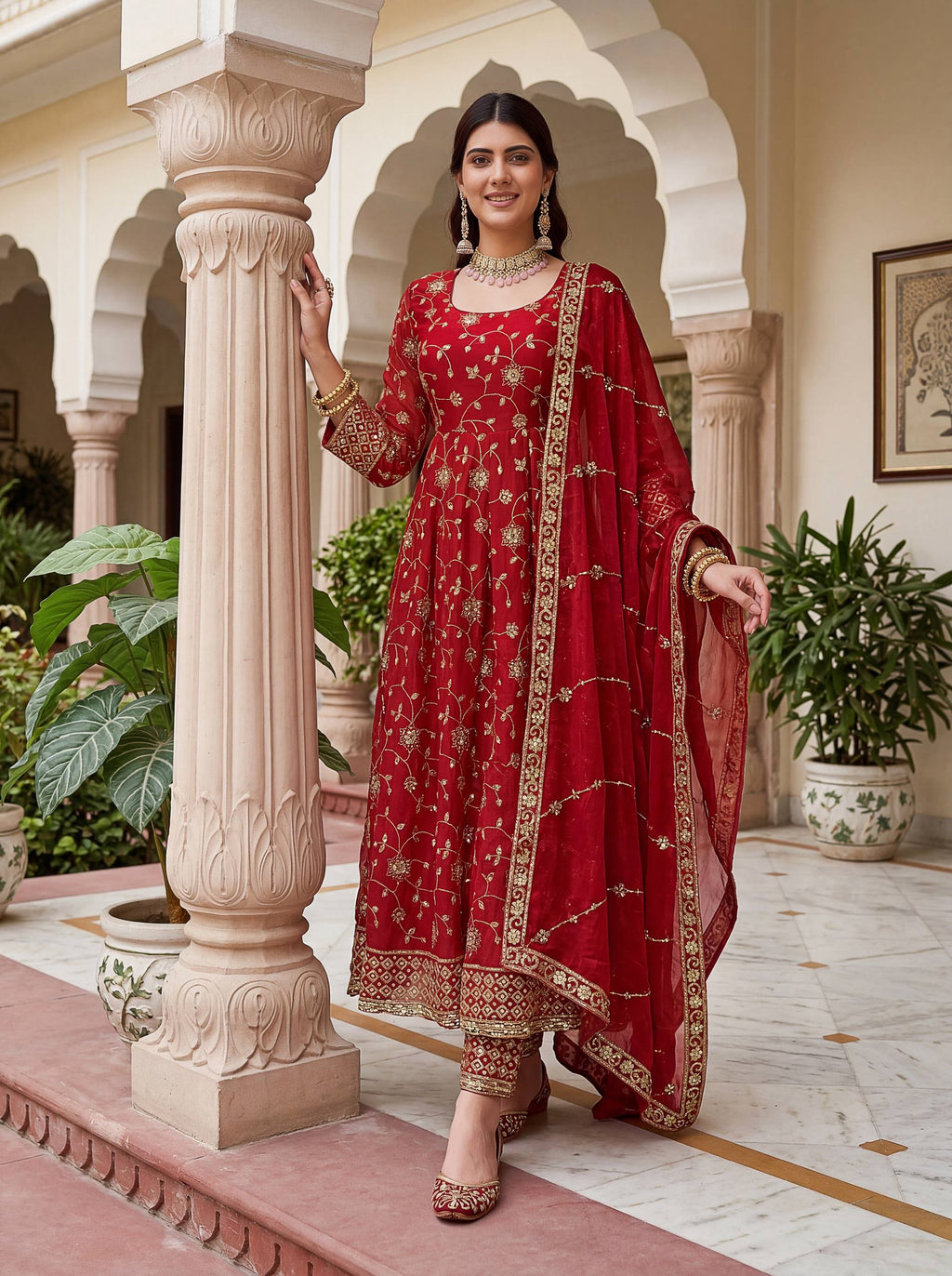 Lehenga Mart Designer Anarkali Suit With Kurta Pant Dupatta For Women-Red