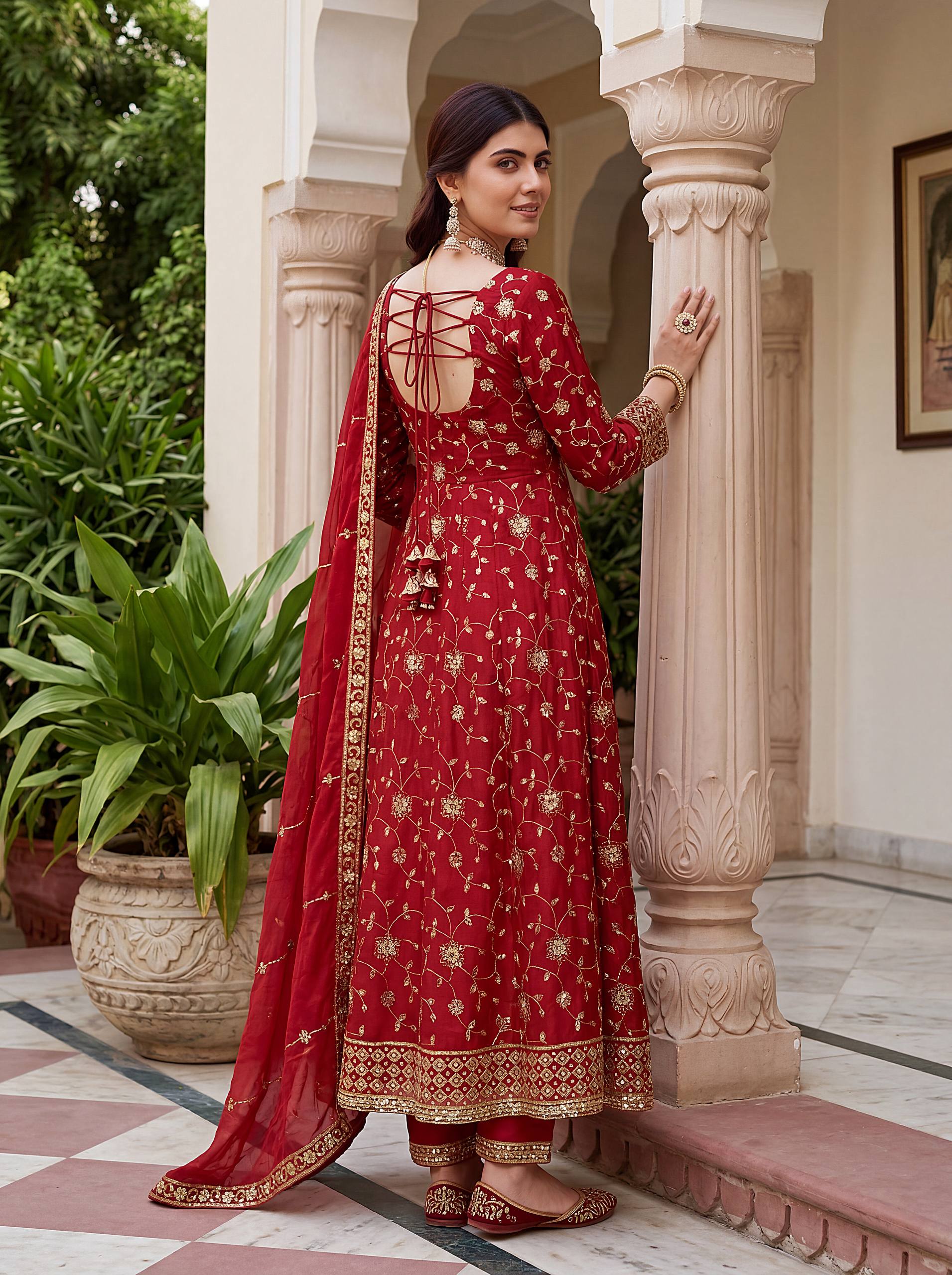 Lehenga Mart Designer Anarkali Suit With Kurta Pant Dupatta For Women-Red