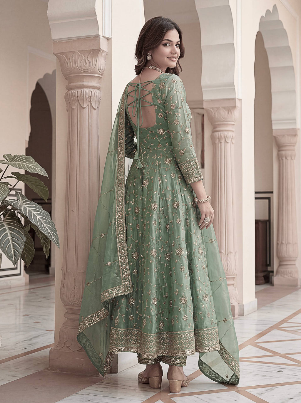 Lehenga Mart Designer Anarkali Suit With Kurta Pant Dupatta For Women-Sage Green