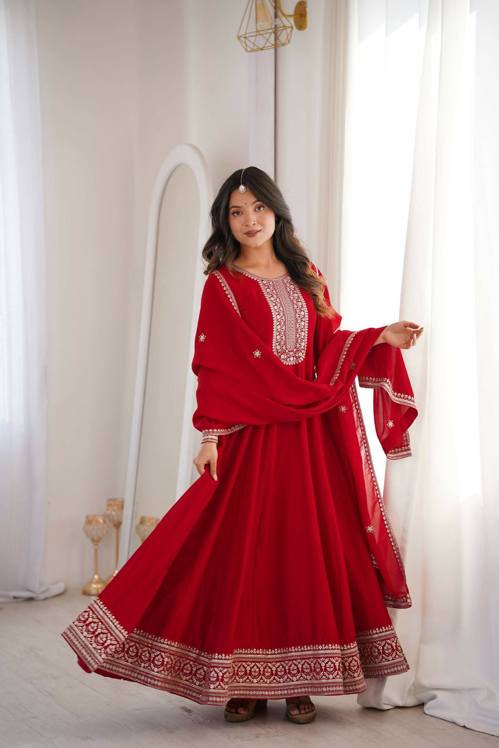 Teeya Creation Maroon Color Vichitra Silk Embroidery Work Party Wear Long Gown