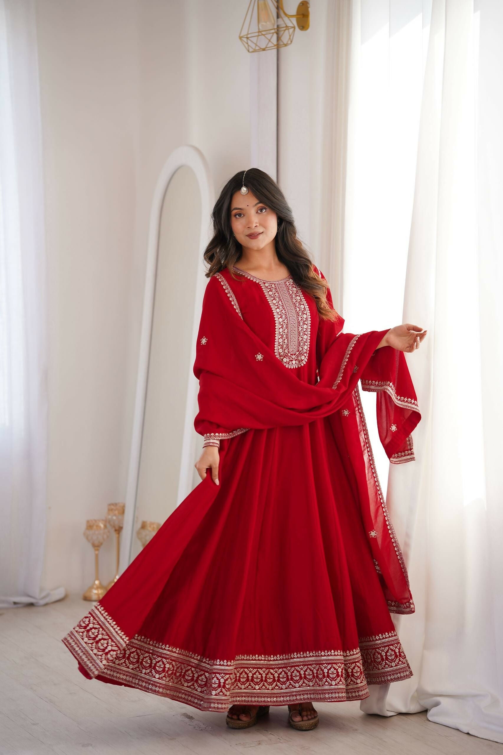 Teeya Creation Maroon Color Vichitra Silk Embroidery Work Party Wear Long Gown