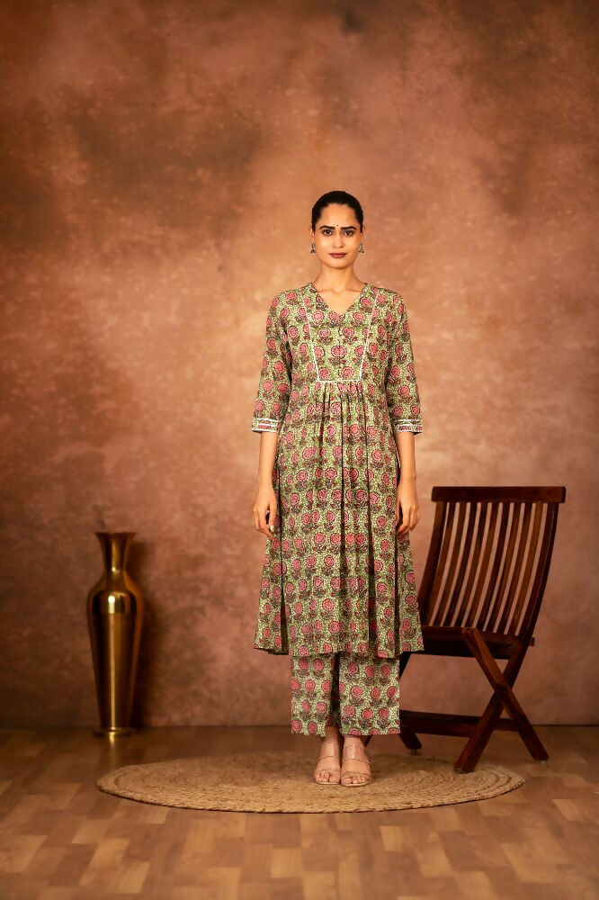 Joban Fashion Green Hand Block Printed Cotton Suit Set
