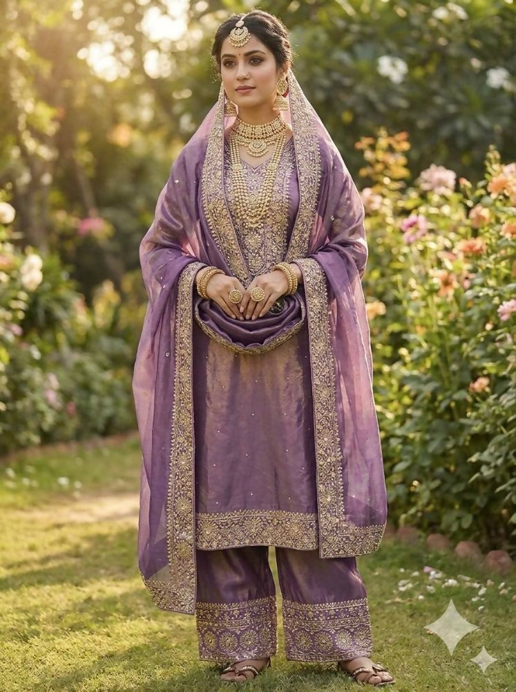 Teeya Creation Onion Color Fendy Silk Embroidery Work Wedding Wear Salwar Suit