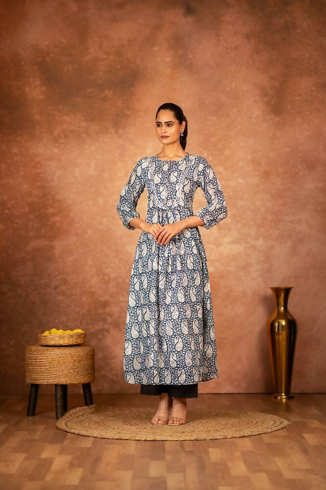 Joban Fashion Blue Floral Hand Block Printed Cotton Kurta Pant Set