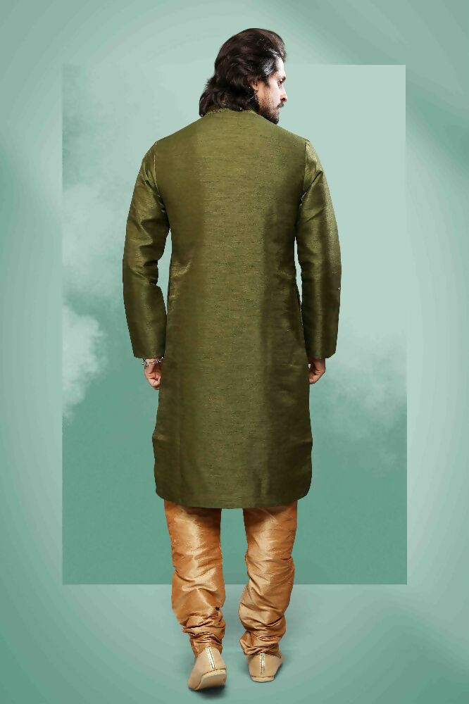 Raivat Ethnic Art Silk Mirror Embroidery Work Kurta Pajama In Green Colour