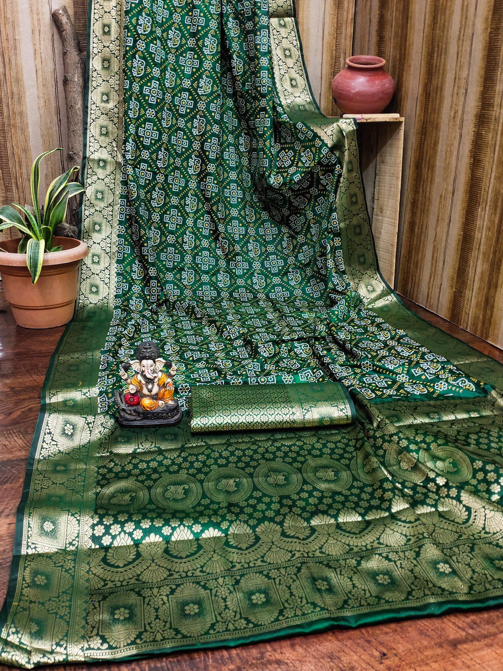 Anaita Dark Green Soft Satin Silk Bandhej Print Saree With Kanchi Zari Weaving Border