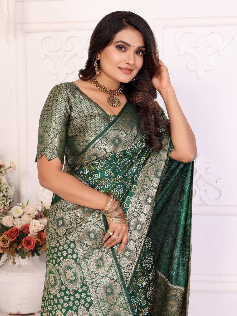 Anaita Dark Green Soft Satin Silk Bandhej Print Saree With Kanchi Zari Weaving Border